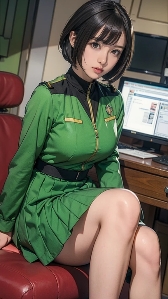 -yeld giEarth Federation Operator Girl Soldier、Black short hair、Large Breasts、Idol-level cuteness、Childish face and appearance、Operator intercom mounted on head、Accurately drawn faces、thin、健康的なKnee-lengthスカート風の地球連邦軍制服、Knee-length、Inside the bridge of a battleship、Low angle shot、Anatomically correct、Accurate Fingers、Accurate Rimbuster Piece、Photorealization