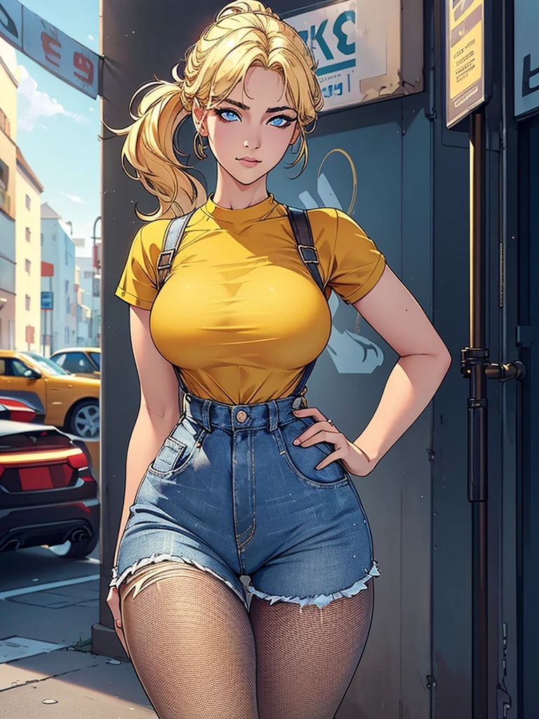 Just one girl,white skin,(glow up),Best quality, 4k, high resolution, body stuck outfits, perfect smile, light skin, ahegao face, black eyes,(beautiful eyes),detail eyes, realastic eyes,  long hair , blonde hair (hair colour is blonde) ,straight hair, pony tail hair, wearing a short yellow shirt (top is yellow colour) and wearing short blue jean, short jean),and wearing skinny stalking pantyhose(fishnet stalking pantyhose), wearing leg harness (thigh harness),  clothes are stuck in body, bodyfit outfit,1 girl, solo, seductive look, elegance and charm, (masterpiece, best quality, high resolution), looking at the viewer, standing, (intricate and beautiful:1.2), (detailed light:1.2), (soft light, side light), (high resolution textures) , outdoor, white skin girl ,outdoor background, sun light, attractive, sexy, mature and hot, young,(masterpiece:1.3), (disorganized:1.3), (highest quality:1.3), perfect anatomy, detailed face, front view, perfect right hands, looking at viewer, (Super detailed:1.3), (best shadow:0.7), (treated hair), fine eyes, beautiful eyes, young aged woman, alone, standing, crystal earrings,closed_mouth, , outdoors, arrogant face, small ,outfit detail,
Correct outfut details,thick thighs,