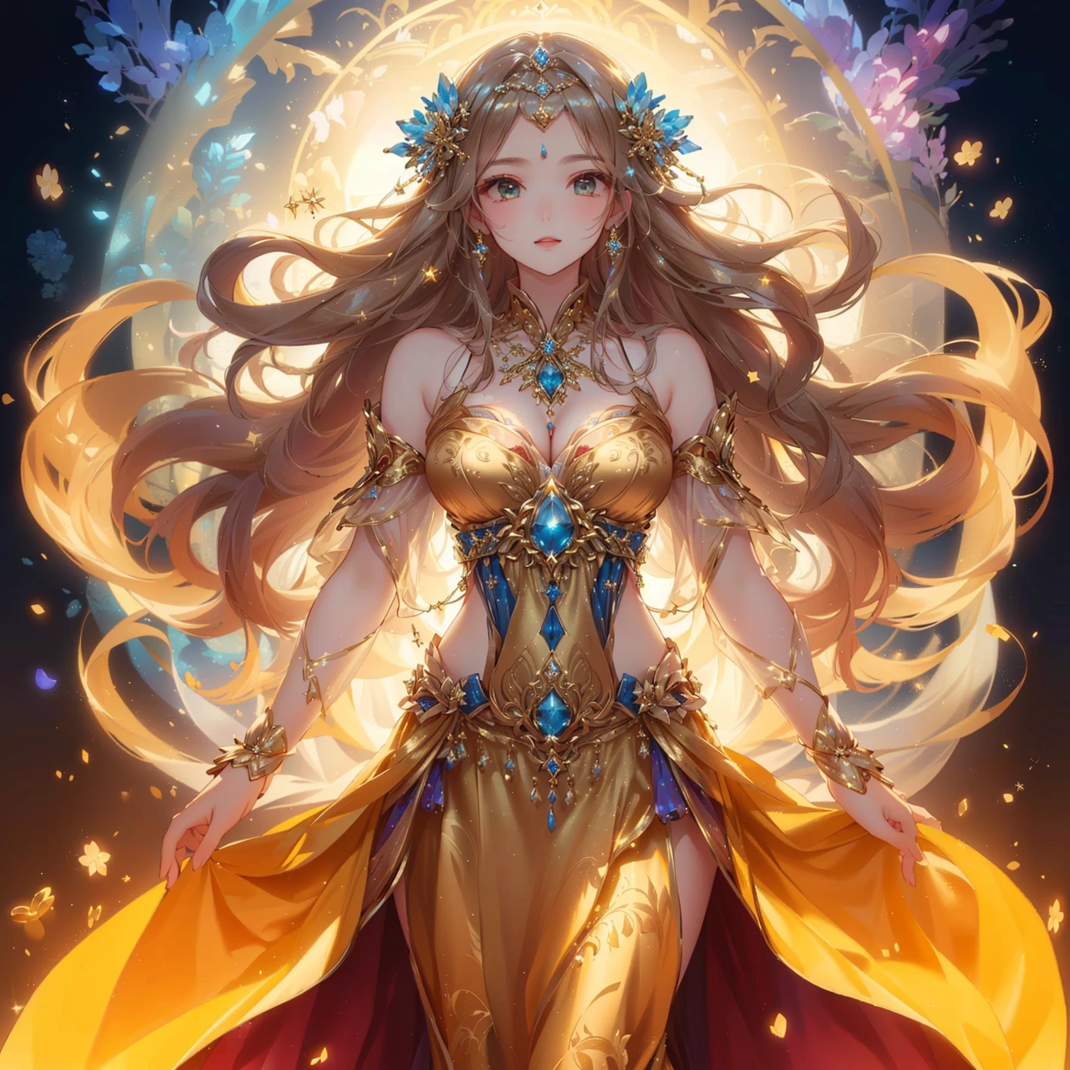 A woman in a gold dress has a crown on her head., Beautiful Fantasy Empress, ((Beautiful Fantasy Empress)), goddess. Very high detail, gold skirt 