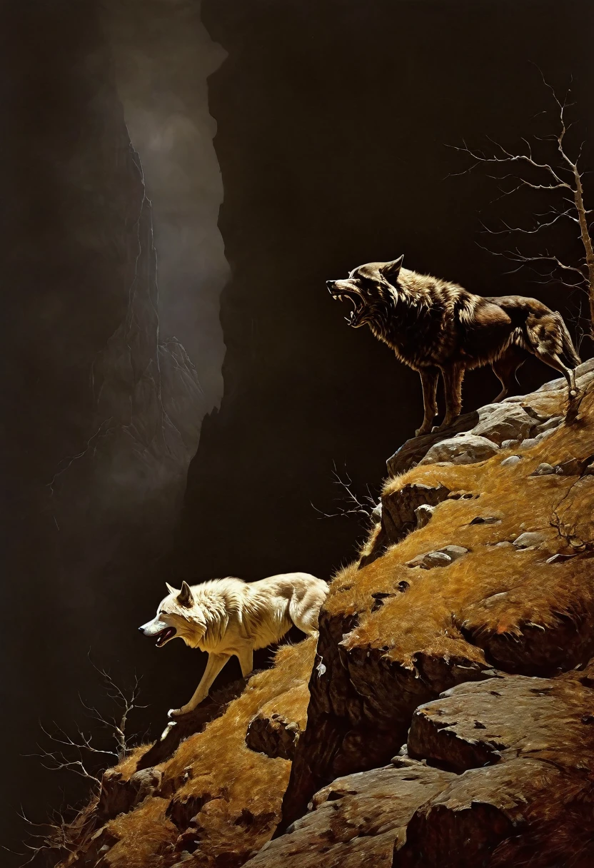 The vrlk and the she-wolf, driven to the top of the mountain, make their last howl before jumping into the abyss. Ideal body anatomy. Beautiful face and look. The disturbing and grotesque world of Stephen Gummel. Style by Andrew Wyeth “Scary Stories Told in the Dark.