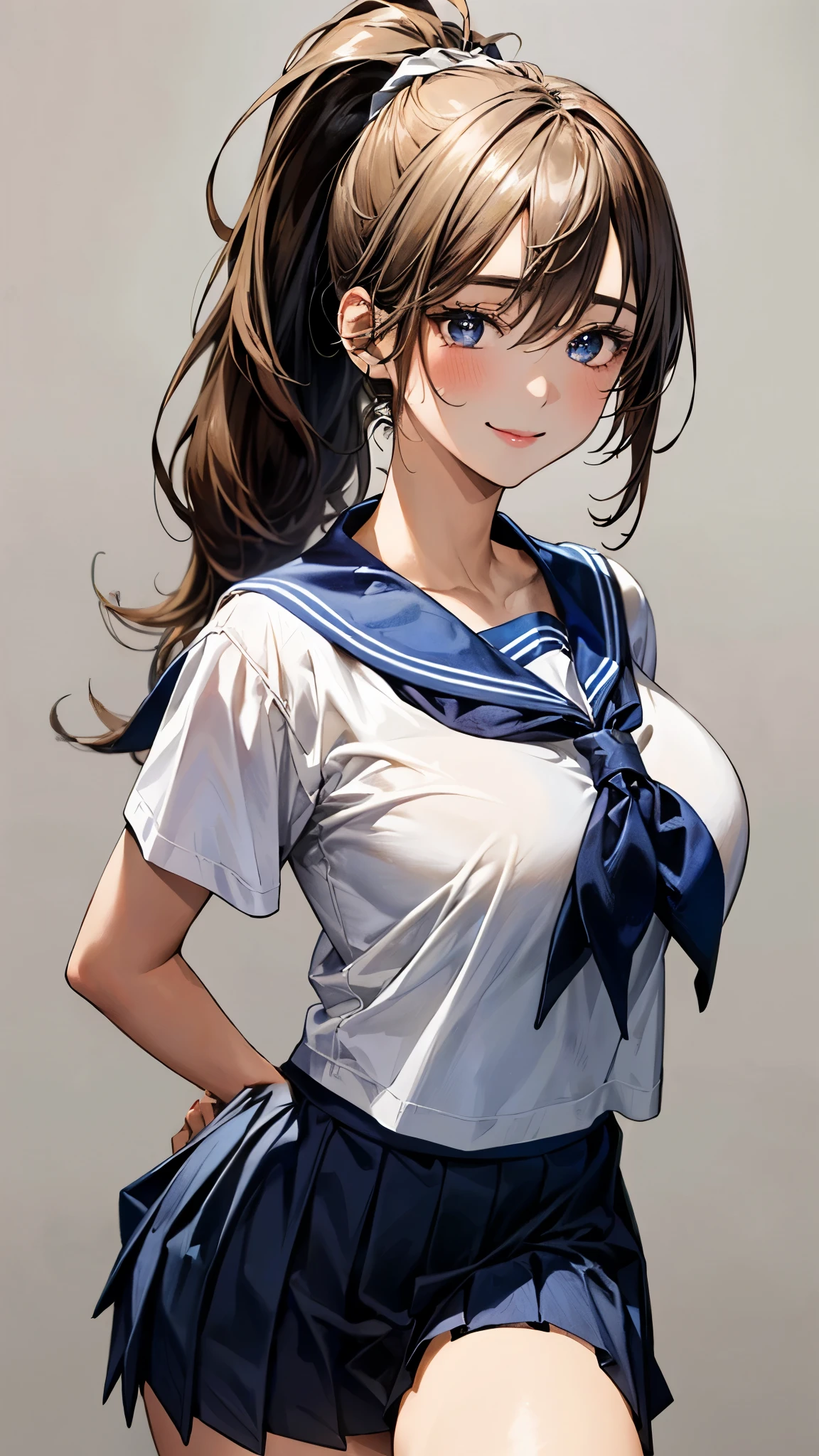 (masterpiece:1.3, top-quality, ultra high res, ultra detailed), (realistic, photorealistic:1.4), beautiful illustration, perfect lighting, natural lighting, colorful, depth of fields, ,
beautiful detailed hair, beautiful detailed face, beautiful detailed eyes, beautiful clavicle, beautiful body, beautiful chest, beautiful thigh, beautiful legs, beautiful fingers, shiny skin, babyface,
looking at viewer, (face focus), 1 girl, japanese, high school girl, (perfect anatomy, anatomically correct, super detailed skin), cute and symmetrical face, perfect face, perfect eyes,
(long hair, ponytail, sideburns , sandy beige hair), hair between eyes, blue eyes, long eyelashes, (large breasts, seductive thighs), , outstanding style,
(detailed cloth texture, short sleeve, blue sailor collar, blue pleated skirt, red sailor scarf),
(beautiful scenery), evening, simple background, standing, (lovely smile, upper eyes),