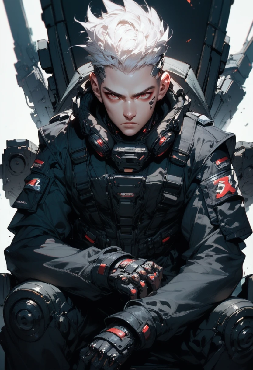 (score_9, score_8_up, score_7_up), zPDXL, 1 boy, alone, three-quarter profile, sitting on a simple throne, black iron throne, black combat suit, left eye with a black stripe from forehead to cheekbone, background, sitting with the cloths on the rests, eyes darkened by the shadow of his eyebrows, white hair, hair with spiked hairstyle, cyberpunk, serious and thoughtful face, intimidating, simple background, black suit covers his entire body, white background with cables falling down, adult male, looking at the ground, dark aura,