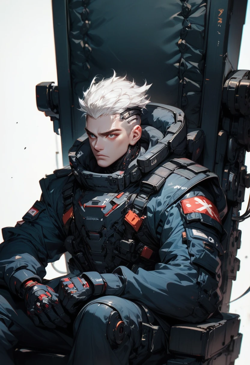 (score_9, score_8_up, score_7_up), zPDXL, 1 boy, alone, three-quarter profile, sitting on a simple throne, black iron throne, black combat suit, left eye with a black stripe from forehead to cheekbone, background, sitting with the cloths on the rests, eyes darkened by the shadow of his eyebrows, white hair, hair with spiked hairstyle, cyberpunk, serious and thoughtful face, intimidating, simple background, black suit covers his entire body, white background with cables falling down, adult male, looking at the ground, dark aura,