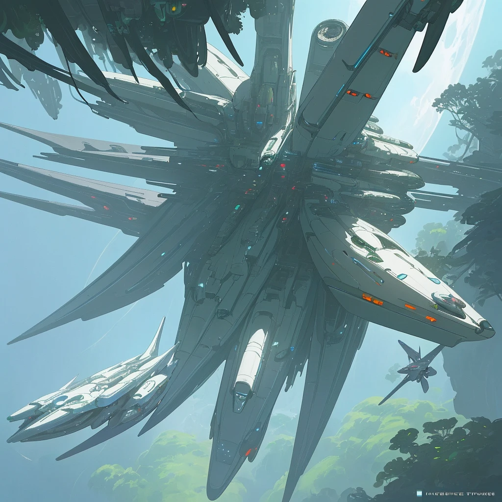 spaceship flying over the jungle and forests of another planet , with a beautiful sky in the background , Futuristic spaceship, Futuristic spaceship, Concept art of a single sci-fi spaceship , , Detailed spaceship, science fiction space game art, science fiction spaceship, on another planet
