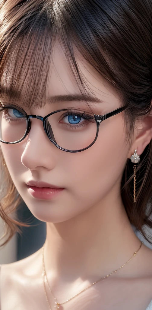 (masterpiece:1.3), (8k, photorealistic, RAW photo, best quality: 1.4), (1girl), beautiful face, (realistic face), (black hair, short hair:1.3), beautiful hairstyle, realistic eyes, beautiful detailed eyes, (realistic skin), beautiful skin, masterpiece, detailed face, detailed eyes, beautiful, highest quality, (((ルーシー・ピンダーに似たソロmature woman))), azure blue sky eyes, (((wearing delicate big hoop round earring))), (wearing Collar pet necklace), eyelash, ( wearing a thin glasses), lip whole, blushing lewd face, [Janet], [Alice], "Beautiful adult face" , 30 years old , mature woman , adult,(office suit), absurdres, attractive, ultra high res, ultra realistic, highly detailed, golden ratio, centerpoint, look at view, close up, highly detailed dark, glow in the dark, 