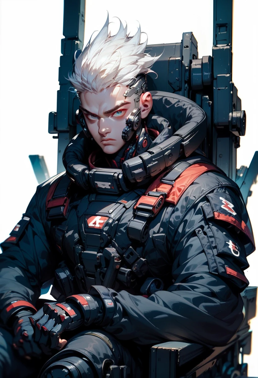 (score_9, score_8_up, score_7_up), zPDXL, 1 boy, alone, three-quarter profile, sitting on a simple throne, black iron throne, black combat suit, left eye with a black stripe from forehead to cheekbone, background, sitting with the cloths on the rests, eyes darkened by the shadow of his eyebrows, white hair, hair with spiked hairstyle, cyberpunk, serious and thoughtful face, intimidating, simple background, black suit covers his entire body, white background with cables falling down, adult male, looking at the ground, dark aura,