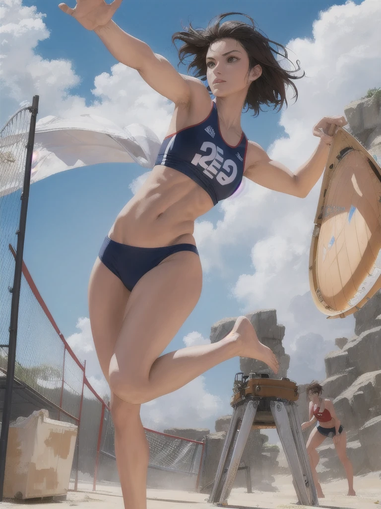 1 woman, beach volleyball, Tank Saw, t-panties, thin waist, skinny body, realistic, ultra high definition, perfect hands, perfect feet