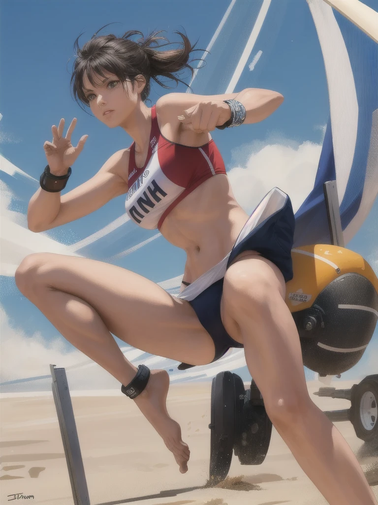 1 woman, beach volleyball, Tank Saw, t-panties, thin waist, skinny body, realistic, ultra high definition, perfect hands, perfect feet
