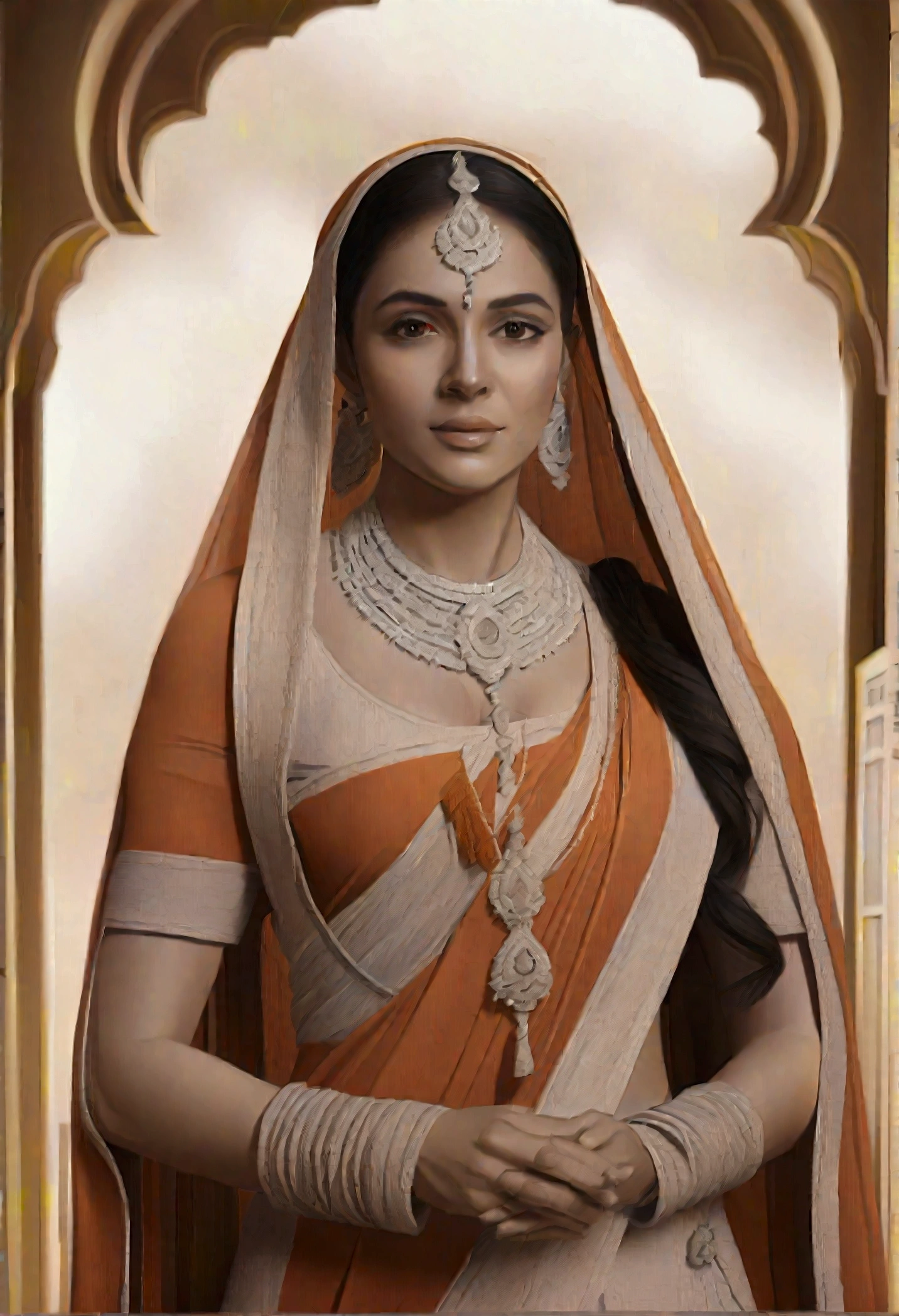 Title: "Radiant Reverie: A Portrait of Indian Elegance"
Description:
Step into a world of mesmerizing beauty as you behold this enchanting artwork, where an Indian girl graces the scene in all her splendor, adorned in a captivating Indian outfit that exudes grace and magnificence. Draped in a full, long dress that cascades around her perfect body shape, she becomes a vision of captivating allure against a backdrop of a romantic and ethereal setting.
Her beautiful face, adorned with delicate features, captivates the viewer with its timeless elegance. The warm glow of her complexion, accentuated by her radiant white skin, illuminates her presence. Her eyes, like deep pools of enchantment, hold a mesmerizing depth and sparkle with a captivating allure that draws you into their embrace.
Dressed in a meticulously crafted Indian outfit, she embodies the essence of Indian elegance. The intricate details of her dress, from the delicate embroidery to the flowing layers of fabric, evoke a sense of grandeur and refinement. The rich hues and intricate patterns of her attire celebrate the artistic heritage of India, transporting you to a world of opulence and cultural richness.
Set against a romantic background, the scene becomes a tapestry of dreamlike beauty. Soft hues of warm colors bathe the surroundings, casting a gentle glow upon the girl's luminous skin. The setting, adorned with floral gardens, ancient architecture, or a serene natural landscape, creates an atmosphere of love, tranquility, and timeless romance.
The artist's skillful brushstrokes breathe life into the composition, capturing the essence of the girl's captivating presence. Each stroke reflects the delicate features of her face, the radiance of her skin, and the intricate details of her Indian dress. The result is a masterpiece that celebrates the beauty and allure of Indian elegance.
Prepare to be captivated by the radiant reverie that emanates from this artwork, where every element converges to crea