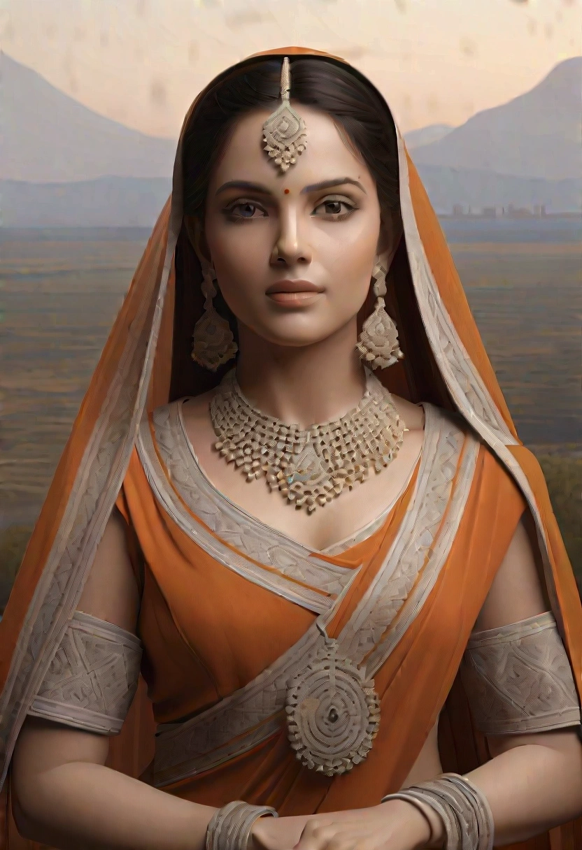 Title: "Radiant Reverie: A Portrait of Indian Elegance"

Description:
Step into a world of mesmerizing beauty as you behold this enchanting artwork, where an Indian girl graces the scene in all her splendor, adorned in a captivating Indian outfit that exudes grace and magnificence. Draped in a full, long dress that cascades around her perfect body shape, she becomes a vision of captivating allure against a backdrop of a romantic and ethereal setting.

Her beautiful face, adorned with delicate features, captivates the viewer with its timeless elegance. The warm glow of her complexion, accentuated by her radiant white skin, illuminates her presence. Her eyes, like deep pools of enchantment, hold a mesmerizing depth and sparkle with a captivating allure that draws you into their embrace.

Dressed in a meticulously crafted Indian outfit, she embodies the essence of Indian elegance. The intricate details of her dress, from the delicate embroidery to the flowing layers of fabric, evoke a sense of grandeur and refinement. The rich hues and intricate patterns of her attire celebrate the artistic heritage of India, transporting you to a world of opulence and cultural richness.

Set against a romantic background, the scene becomes a tapestry of dreamlike beauty. Soft hues of warm colors bathe the surroundings, casting a gentle glow upon the girl's luminous skin. The setting, adorned with floral gardens, ancient architecture, or a serene natural landscape, creates an atmosphere of love, tranquility, and timeless romance.

The artist's skillful brushstrokes breathe life into the composition, capturing the essence of the girl's captivating presence. Each stroke reflects the delicate features of her face, the radiance of her skin, and the intricate details of her Indian dress. The result is a masterpiece that celebrates the beauty and allure of Indian elegance.

Prepare to be captivated by the radiant reverie that emanates from this artwork, where every element converges to crea