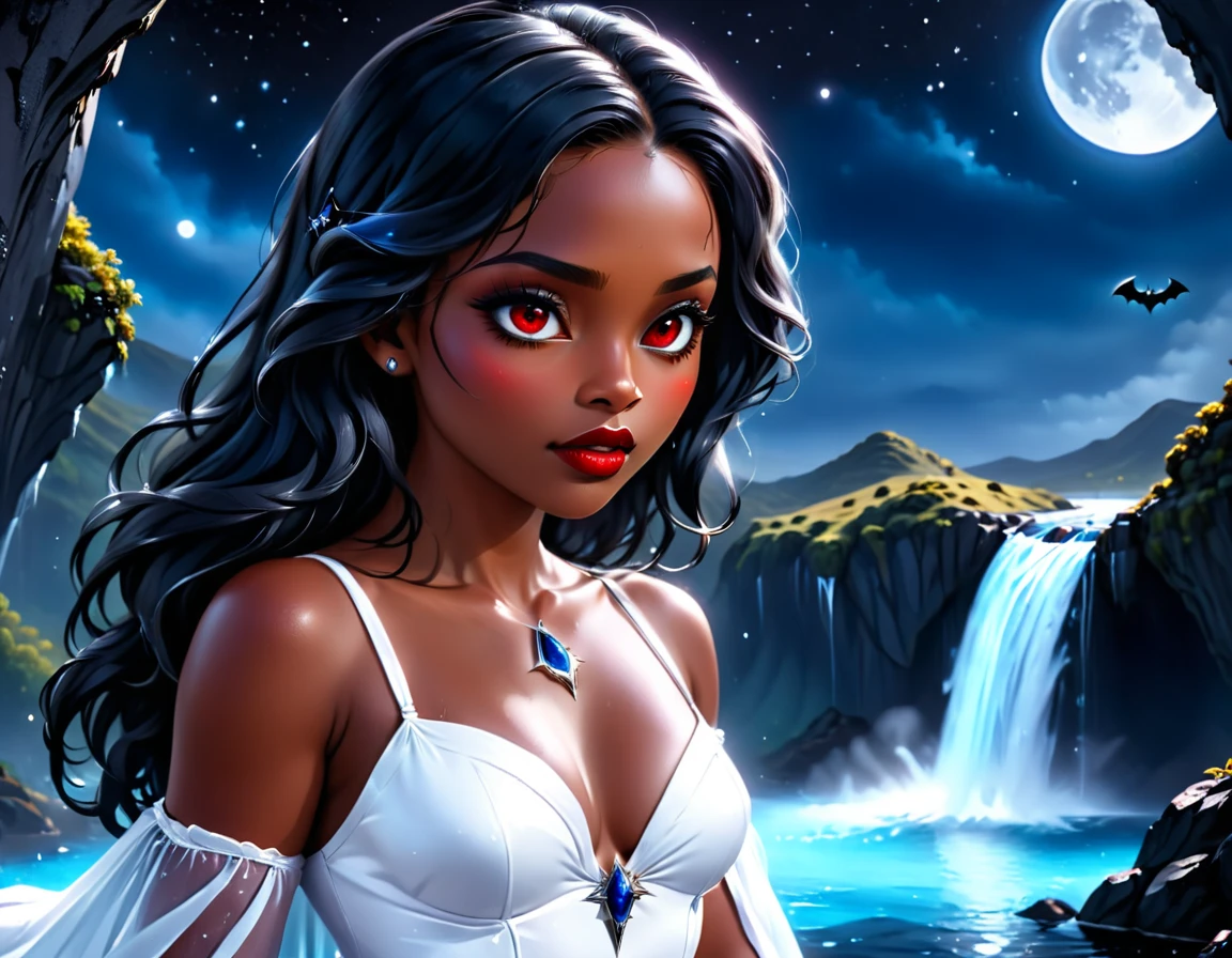 a picture of an exquisite beautiful female vampire standing under the starry night sky at the base of the waterfall, dynamic angle (ultra detailed, Masterpiece, best quality), ultra feminine, (black skin: 1.3),  dynamic hair color, wavy hair, dynamic eyes color, cold eyes, glowing eyes, intense eyes, dark red lips, wearing white dress (ultra detailed, Masterpiece, best quality), wearing blue cloak (ultra detailed, Masterpiece, best quality), long cloak, flowing cloak (ultra detailed, Masterpiece, best quality), wearing high heeled boots,  water coming down from a mountain, multi level water falls, several pools created in different levels, forming new waterfalls, water cascading into a pool steam rising, clear water in many hues of blue and azure falling, ultra best realistic, best details, best quality, 16k, [ultra detailed], masterpiece, best quality, (extremely detailed), ultra wide shot, photorealism, depth of field, hyper realistic painting, sky full of stars background, moon, bats flying about, high details, best quality, 8k, [ultra detailed], masterpiece, best quality, (ultra detailed), full body, ultra wide shot, photorealism, dark fantasy art, dark fantasy art, gothic art, many stars, dark fantasy art, gothic art, sense of dread, Intense gaze, magical sky
