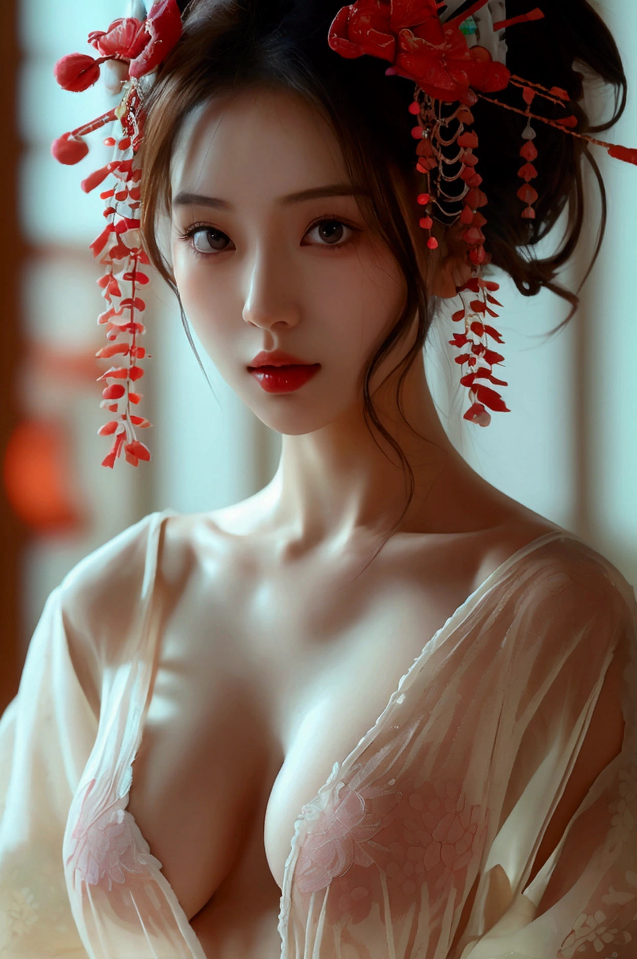 Create an image of a beautiful woman wearing a sexy Japanese princess outfit., The see-through fabric is so thin that the wearer's nipples and skin can be seen., She can spread her legs wide to show off her genitals., She has a slim face., sharp eyes, long hair, responsive face, high nose, and thin lips, Her breasts are 32 inches long with pink nipples., Her waist is 24 inches., Her hips are 33 inches., Her skin was bright and white., She has light brown hair., And her figure was slim and slightly muscular..