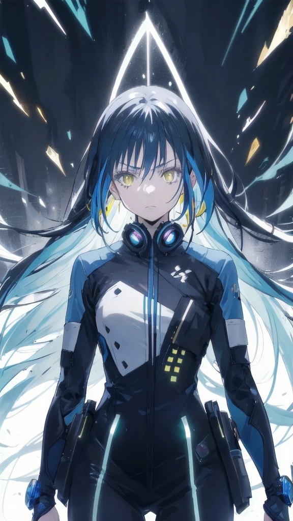 realistic cyberpunk woman in combat uniform, ultra detailed 8k cg illustration, beautiful detailed eyes, cinematic dynamic lighting, vibrant color palette, neon colors in background, reflections and prismatic effects in hair and background, serious expression, hair and clothes sway in wind, shining lines and colorful light shards in background, magical atmosphere, japan anime style, yellow charming eyes, straight black hair, whole body wide shot, ultra detailed, anime colored, 2D, glowify