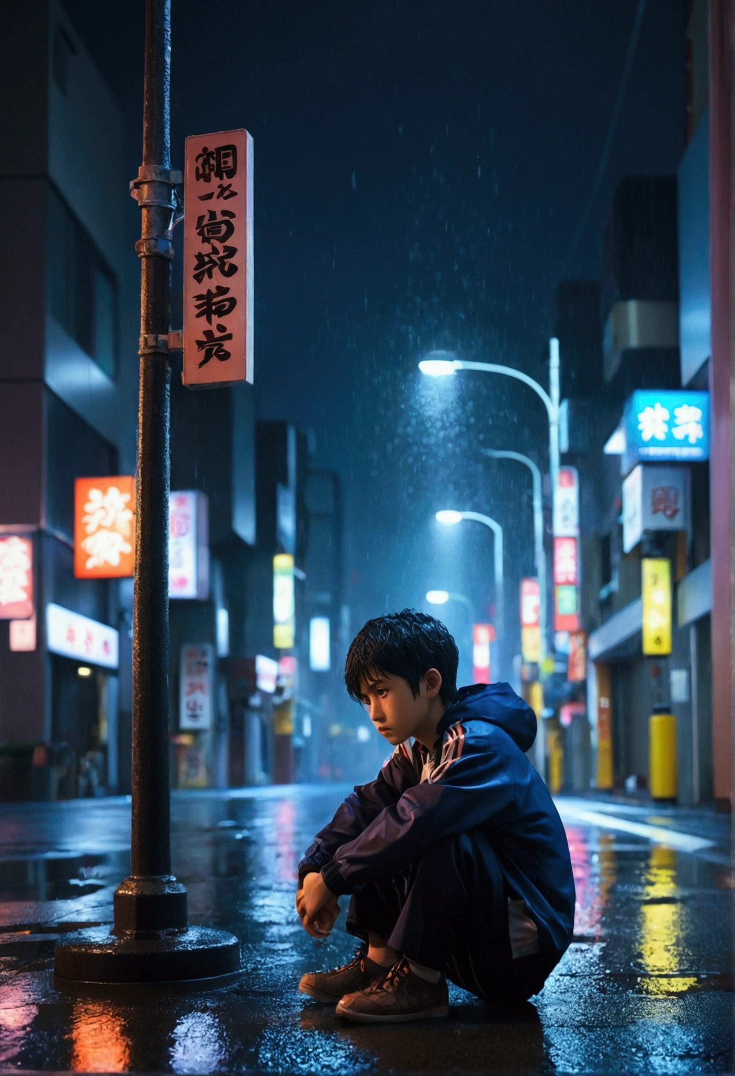A boy, sad expression, sitting under streetlight, city at night, tokyo cityscape, anime style, neon lights, rainy weather, puddles, detailed face, emotional, cinematic lighting, moody atmosphere, hyper detailed, vibrant colors, dramatic shadows, photorealistic, masterpiece