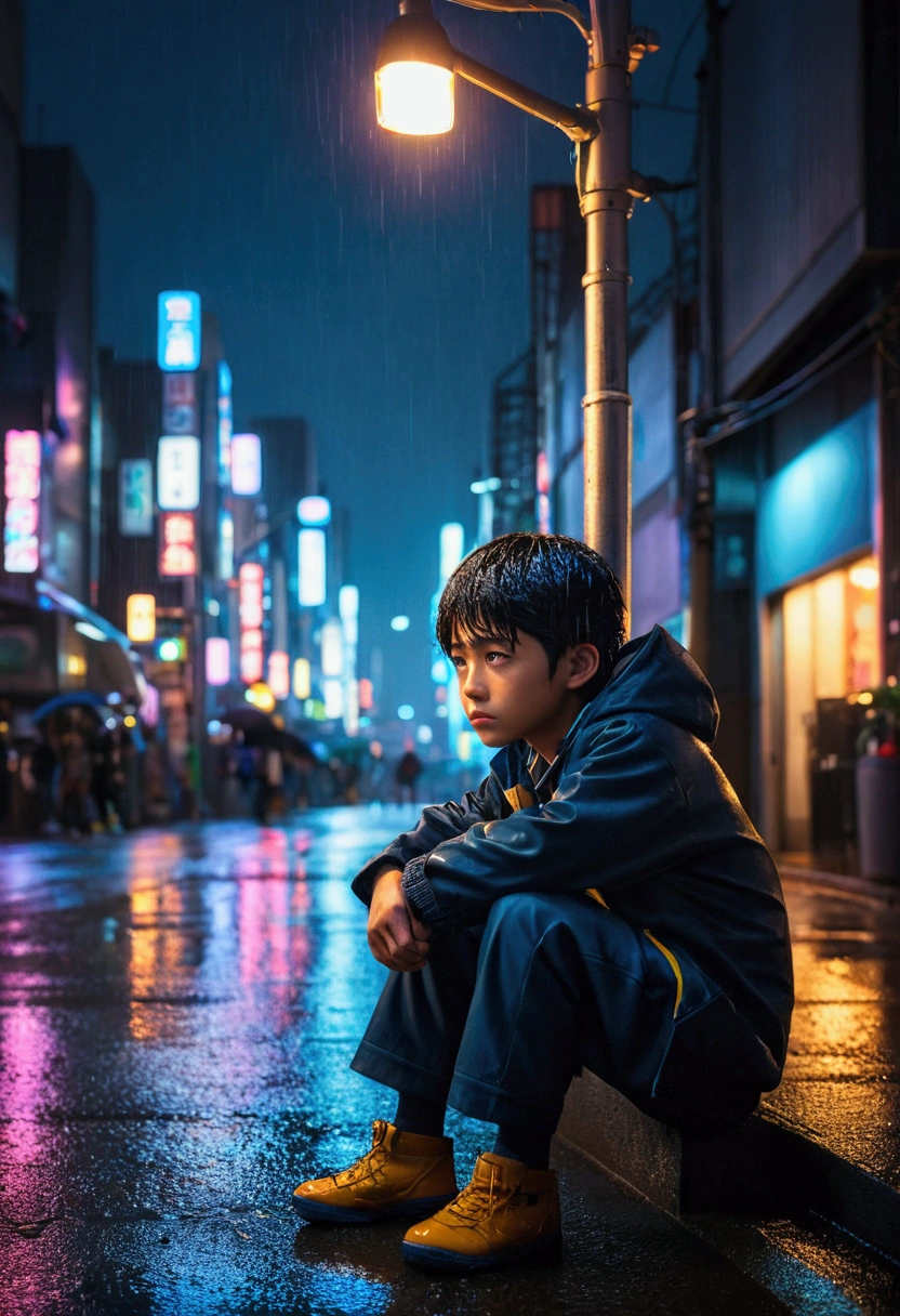 A boy, sad expression, sitting under streetlight, city at night, tokyo cityscape, anime style, neon lights, rainy weather, puddles, detailed face, emotional, cinematic lighting, moody atmosphere, hyper detailed, vibrant colors, dramatic shadows, photorealistic, masterpiece