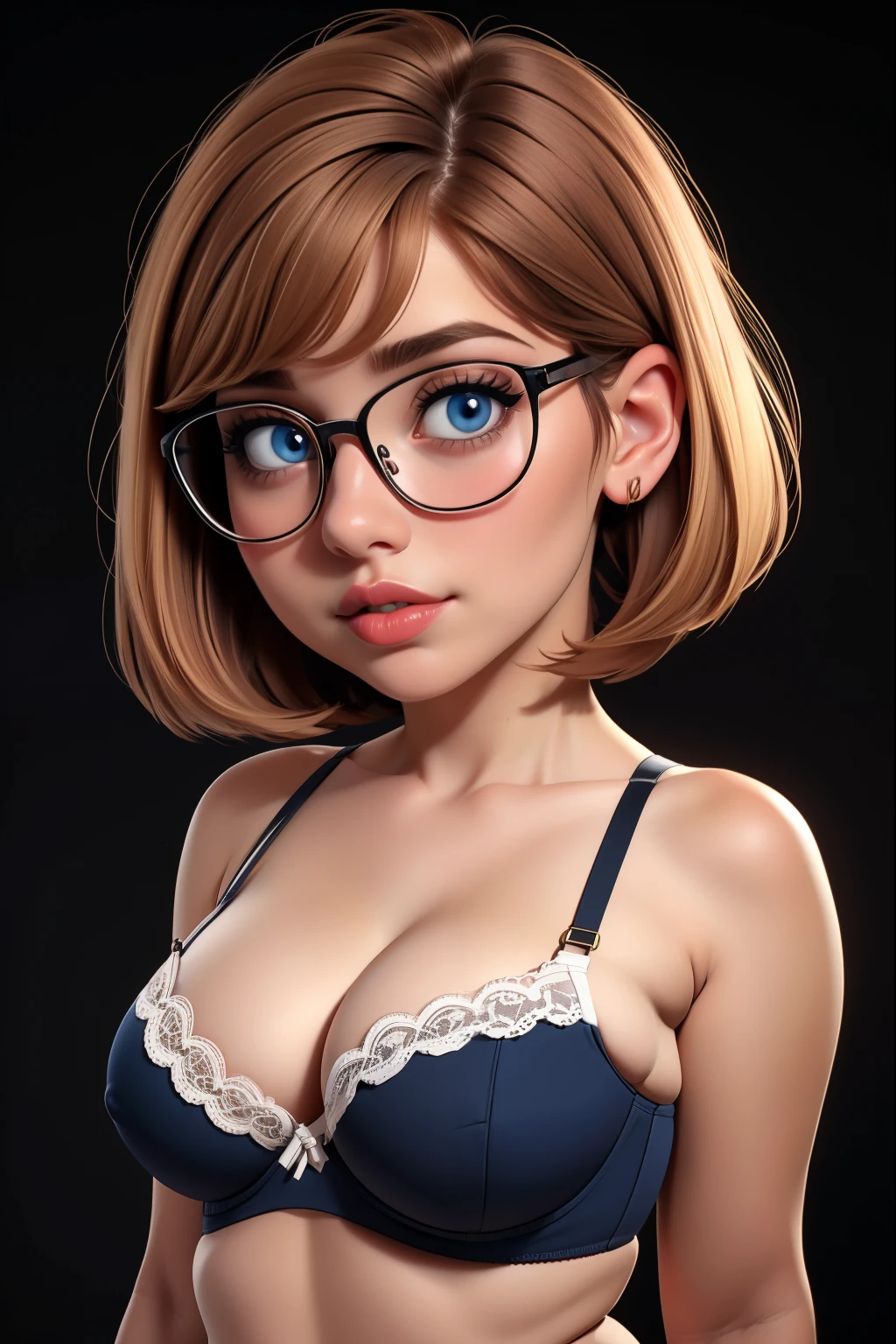 glasses, chubby, curvy, bbw, light hazelnut hair, bob haircut, blue eyes, full lips, small breasts, cute white bra, black background, high quality photography