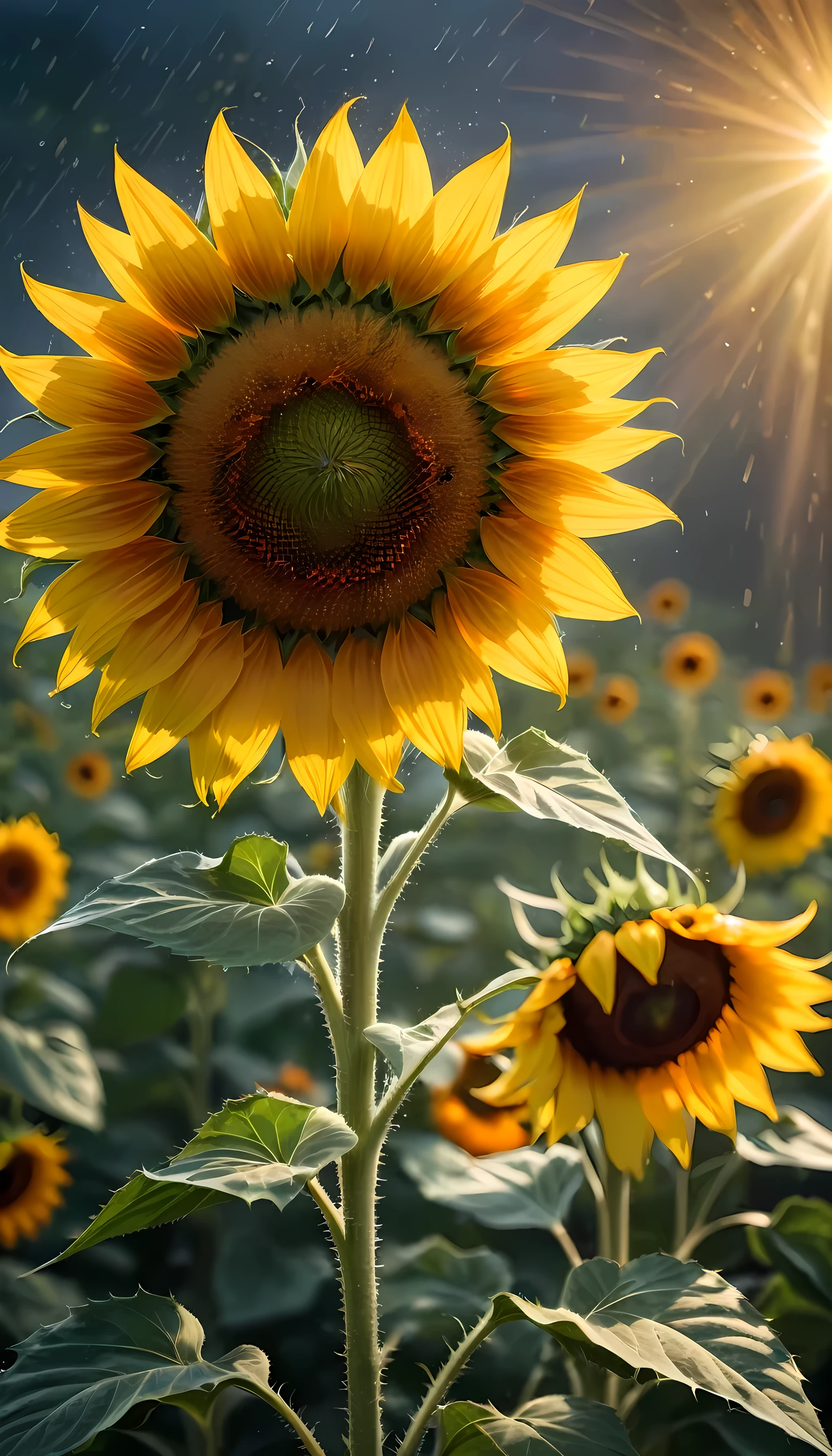 A sunflower gracefully in a dreamy light, with dynamic blur in a hurricane, detailed textures, vivid colors, and a mysterious atmosphere. (best quality,4k,8k,highres,masterpiece:1.2),ultra-detailed,(realistic,photorealistic,photo-realistic:1.37),HDR,UHD,studio lighting,ultra-fine painting,sharp focus,physically-based rendering,extreme detail description,professional,vivid colors,bokeh,portraits