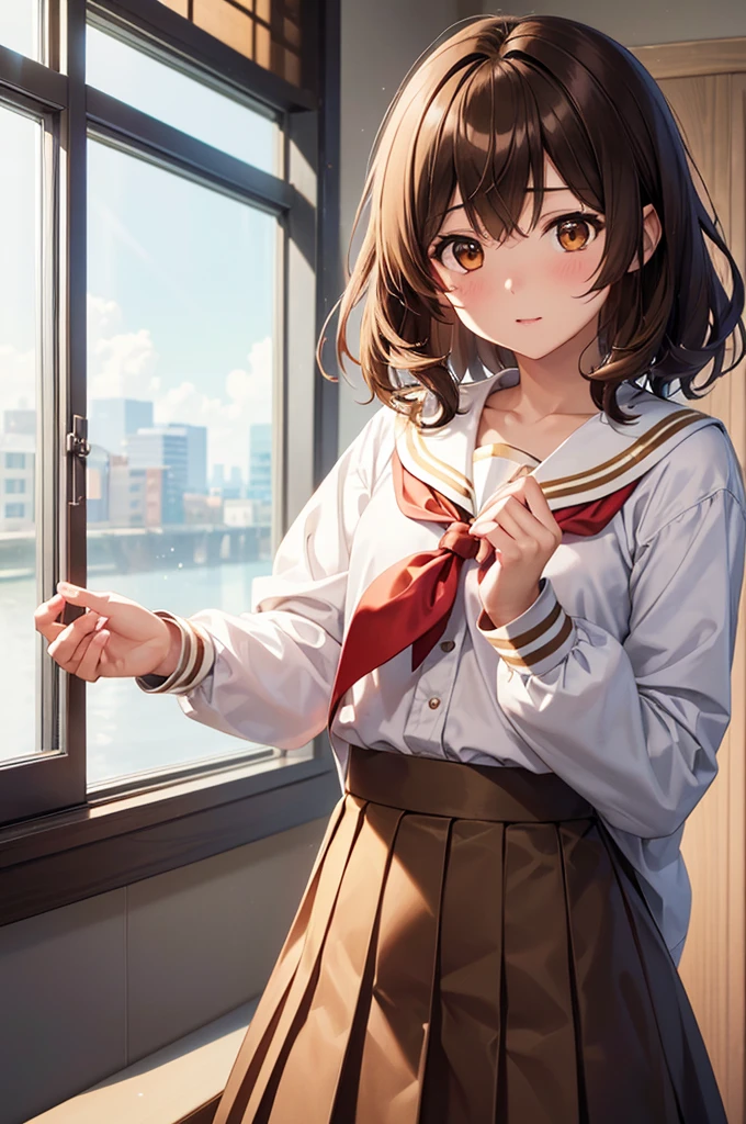 In the middle of nowhere, kumiko oumae, (Brown eyes:1.5), Brown Hair, short hair, Wavy Hair, (Flat Chest:1.2),
break brown shirt, brown skirt, kitauji high , Long sleeve, neckerchief, pleated skirt, red neckerchief, Sailor collar, , Seraphim, shirt, skirt, uniform, white Sailor collar,
break looking at viewer,
break indoors, classroom,
break (masterpiece:1.2), Highest quality, High resolution, unity 8k wallpaper, (figure:0.8), (Beautiful attention to detail:1.6), Highly detailed face, Perfect lighting, Highly detailed CG, (Perfect hands, Perfect Anatomy),