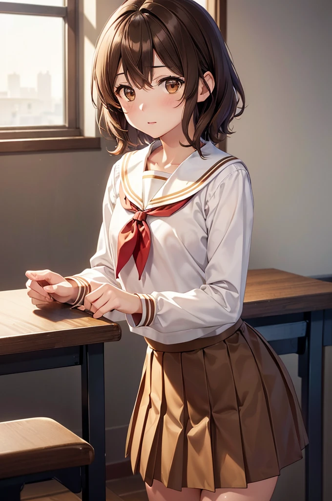 In the middle of nowhere, kumiko oumae, (Brown eyes:1.5), Brown Hair, short hair, Wavy Hair, (Flat Chest:1.2),
break brown shirt, brown skirt, kitauji high , Long sleeve, neckerchief, pleated skirt, red neckerchief, Sailor collar, , Seraphim, shirt, skirt, uniform, white Sailor collar,
break looking at viewer,
break indoors, classroom,
break (masterpiece:1.2), Highest quality, High resolution, unity 8k wallpaper, (figure:0.8), (Beautiful attention to detail:1.6), Highly detailed face, Perfect lighting, Highly detailed CG, (Perfect hands, Perfect Anatomy),
