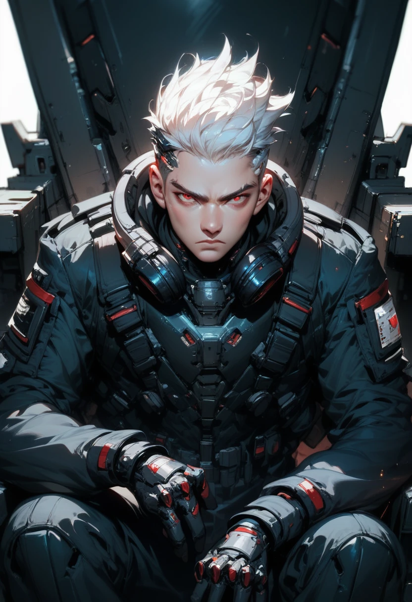 (score_9, score_8_up, score_7_up), zPDXL, 1 boy, alone, three-quarter profile, sitting on a simple throne, black iron throne, black combat suit, left eye with a black stripe from forehead to cheekbone, background, sitting with the cloths on the rests, eyes darkened by the shadow of his eyebrows, white hair, hair with spiked hairstyle, cyberpunk, serious and thoughtful face, intimidating, simple background, black suit covers his entire body, white background with cables falling down, adult male, looking at the ground, dark aura,