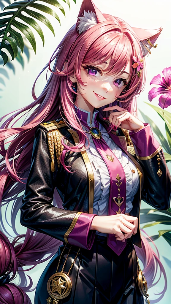 Magenta hair, hazel eyes, older woman, uniform clothes, hair jewel ornament, cat ears, long hair, smiling face, tropical background