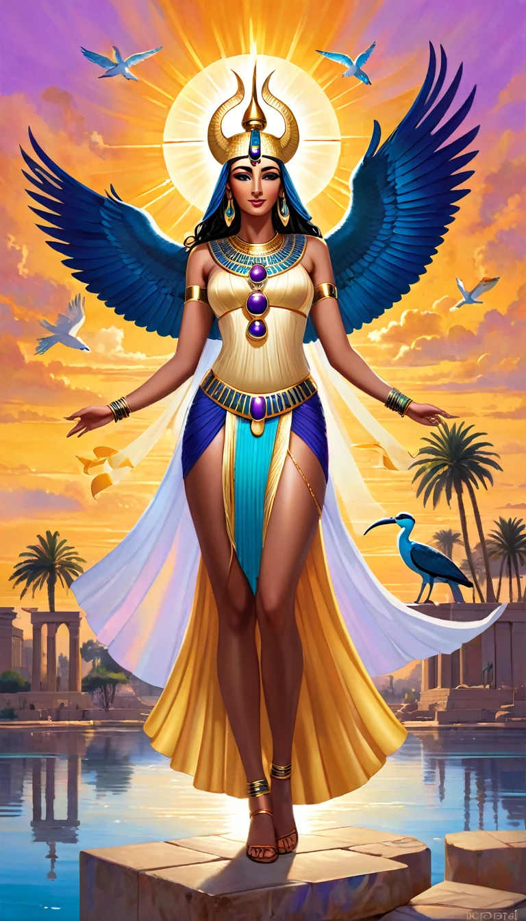 Imagine a large-scale painting, with vibrant, rich colors, depicting the goddess Isis in all her majesty and glory. Isis is at the center of the composition, an imposing and serene figure, radiating power and benevolence. She is depicted in traditional Egyptian attire., adorned with elaborate jewelry of gold and precious stones, that twinkle in the soft light. Your dress is deep blue, symbolizing purity and wisdom, while your golden cloak floats lightly, suggesting movement and divine energy.

Isis wears a crown composed of a stylized throne, representing your name, and a solar disk between two cow horns, symbolizing your connection to heaven and celestial power. Your eyes are big and expressive, showing both compassion and inner strength. Around her, an aura of golden light emanates, suggesting his divinity and protection.

in background whith, there is a scenery of the Nile at dusk, with palm trees and ancient temples, creating a mystical and sacred environment. Sacred birds, like the ibis and the falcon, fly around, representing your connection to nature and the gods. The sky is dyed orange and purple, reflecting the tranquility and reverence of the moment.