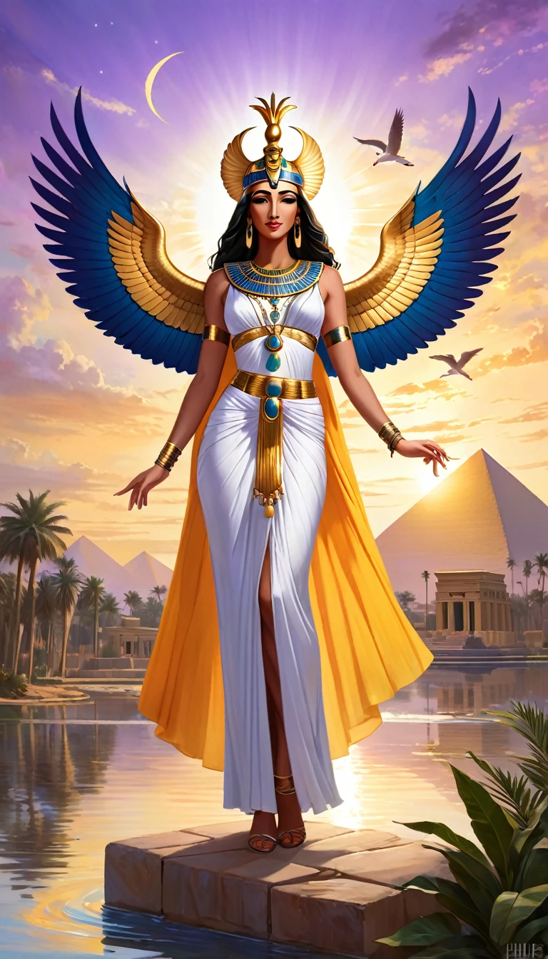 Imagine a large-scale painting, with vibrant, rich colors, depicting the goddess Isis in all her majesty and glory. Isis is at the center of the composition, an imposing and serene figure, radiating power and benevolence. She is depicted in traditional Egyptian attire., adorned with elaborate jewelry of gold and precious stones, that twinkle in the soft light. Your dress is deep blue, symbolizing purity and wisdom, while your golden cloak floats lightly, suggesting movement and divine energy.

Isis wears a crown composed of a stylized throne, representing your name, and a solar disk between two cow horns, symbolizing your connection to heaven and celestial power. Your eyes are big and expressive, showing both compassion and inner strength. Around her, an aura of golden light emanates, suggesting his divinity and protection.

in background whith, there is a scenery of the Nile at dusk, with palm trees and ancient temples, creating a mystical and sacred environment. Sacred birds, like the ibis and the falcon, fly around, representing your connection to nature and the gods. The sky is dyed orange and purple, reflecting the tranquility and reverence of the moment.
