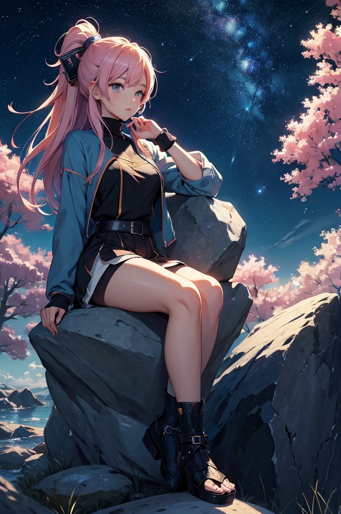 (((masterpiece)))、(((top quality)))、((ultra detailed)) Anime girl sits on a stone and looks at the stars, anime wallpaper 4k, anime wallpaper 4 k, 4k anime wallpaper, anime style 4k, Anime Art Wallpaper 4k, Infinite space in the background, anime art wallpaper 4k, against the background of the galaxy, anime wallpaper, anime art wallpaper 8k, anime background, anime wallpaper