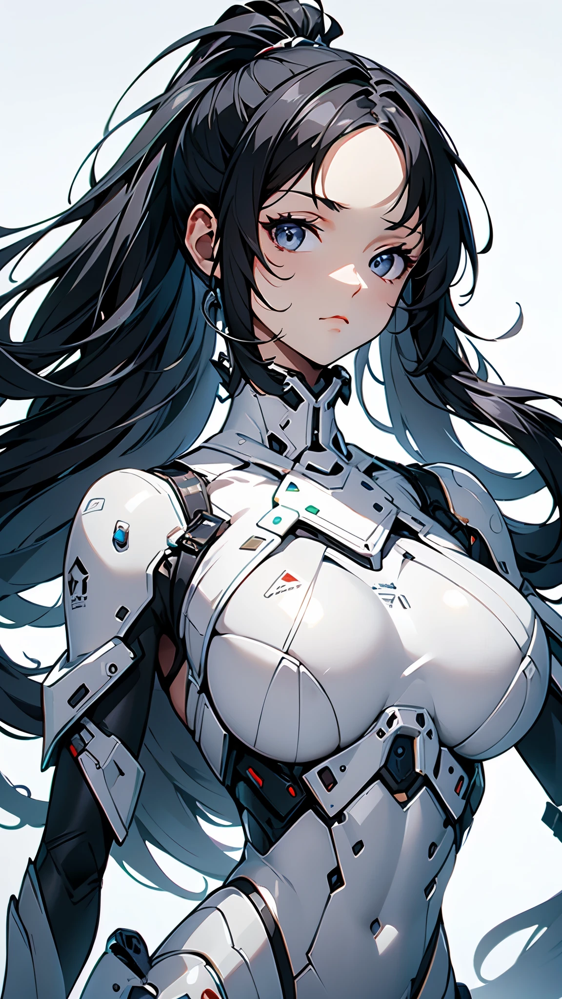 White solid color background、looking at the camera、masterpiece、Highest quality、Shiny body、Upper Body、Moderate bust、Big Ass、Android、Body line emphasis、Black suit、Black Hair、ponytail