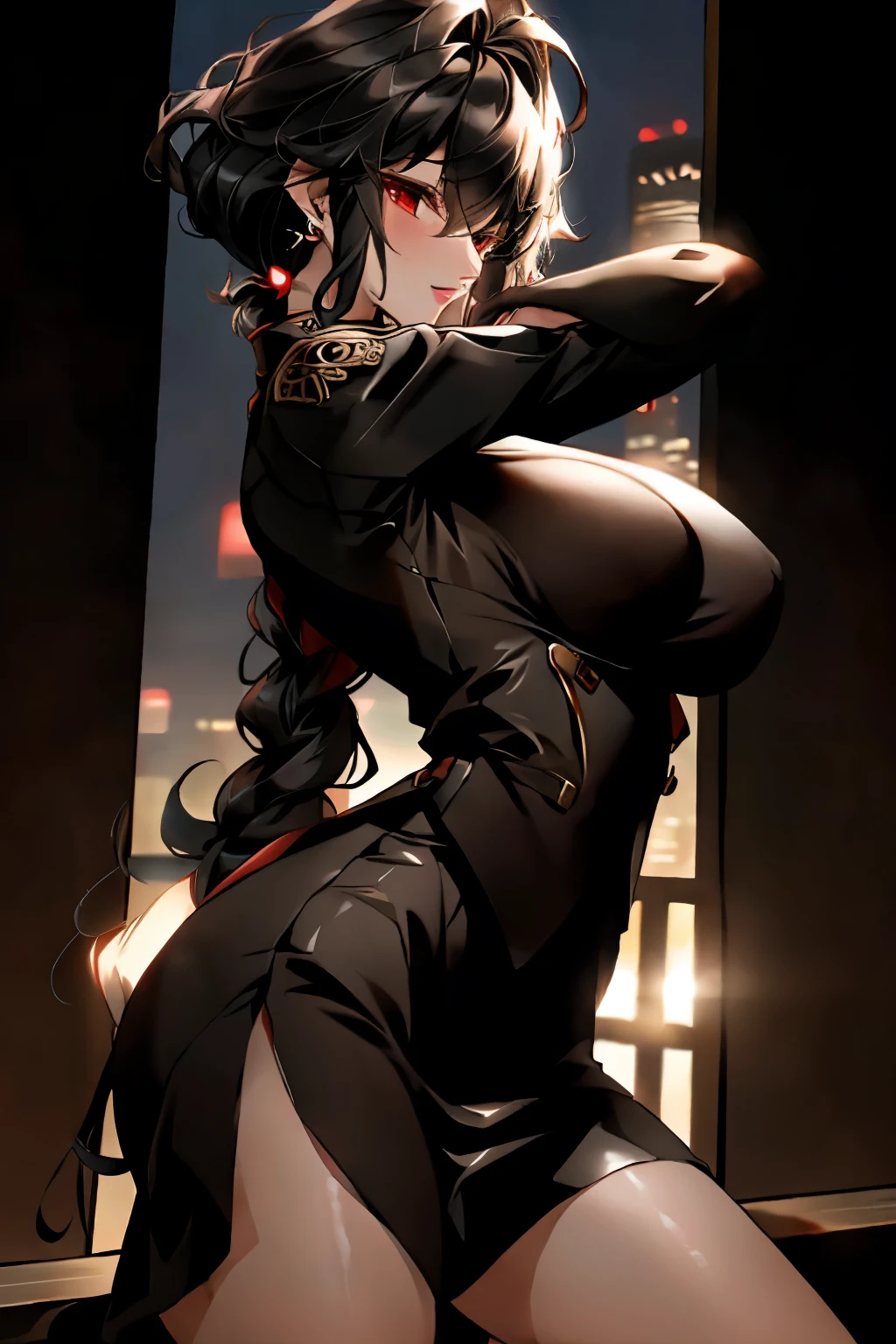 ((best quality)), ((Masterpiece)), (details), Milf, SWAT uniform, long, black hair, Red eyes, short skirt, คุกเข่า, big breasts, city background, night, เหมือนจริง, 8k, natural lighting, soft lighting, sunlight, HDR (High Dynamic Range), Maximum Clarity And Sharpness, Multi-Layered Textures