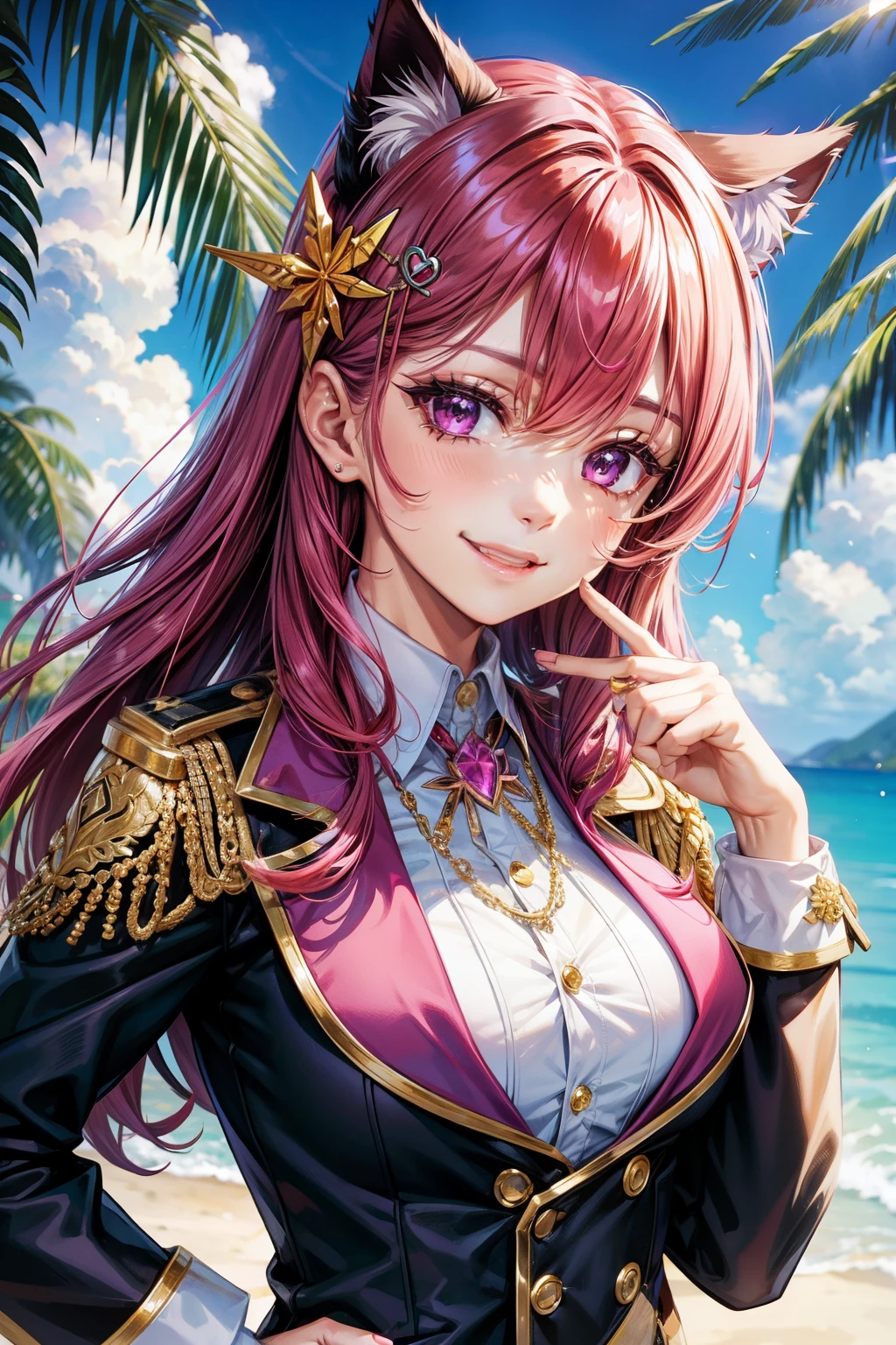 Magenta hair, hazel eyes, older woman, uniform clothes, hair jewel ornament, cat ears, long hair, smiling face, tropical background