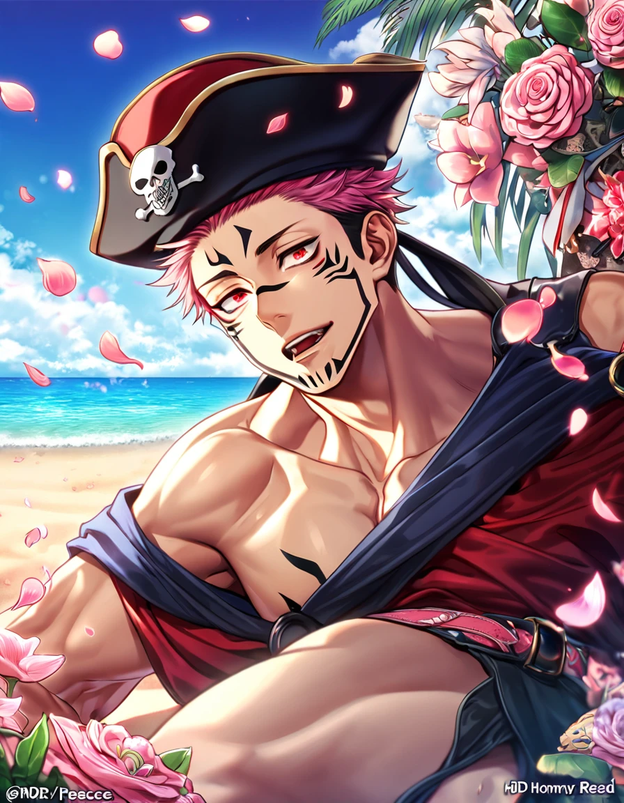 absurdres, highres, ultra detailed, HDR, master piece, best quality, Ryoumen Sukuna, pink hair, expressive red eyes, Jujutsu Kaisen, solo, sexy man, handsome, horny, lewd, black hat, fantasy black pirate clothes, accessories, showing the chest, pirate, beach, sea, petals, flowers
