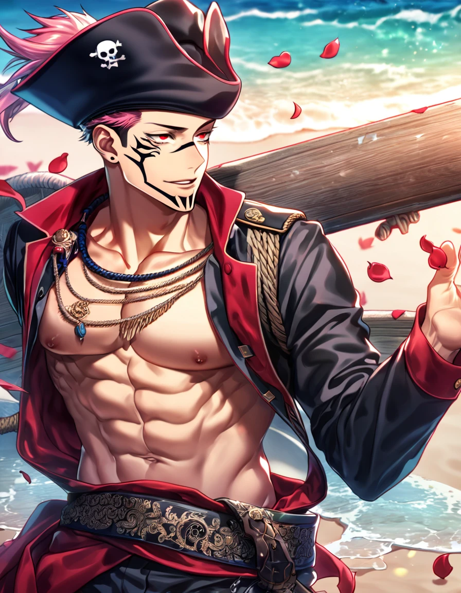 absurdres, highres, ultra detailed, HDR, master piece, best quality, Ryoumen Sukuna, pink hair, expressive red eyes, Jujutsu Kaisen, solo, sexy man, handsome, horny, lewd, black hat, fantasy black pirate clothes, accessories, showing the chest, pirate, beach, sea, petals, flowers