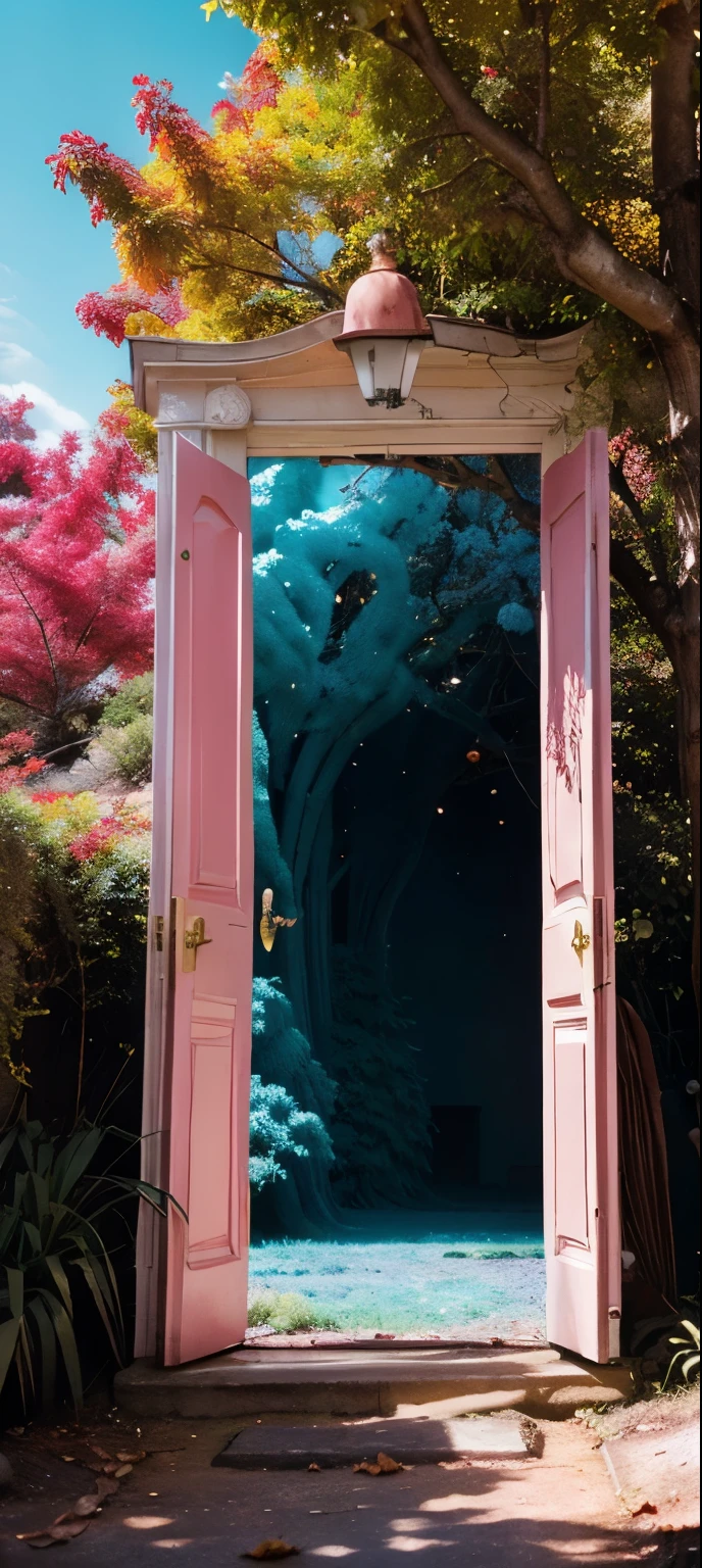 trees with pink leaves and red leaves on them, doors that are cosmic portals, surreal colors, infrared photography, magic doorway, infrared, pink door, infrared film, infared photography, kodak hie infrared film, wonderland portal, surreal photography, very surreal garden, portal to another world, in a surreal dream landscape, blue and pink colors, pink and blue colors