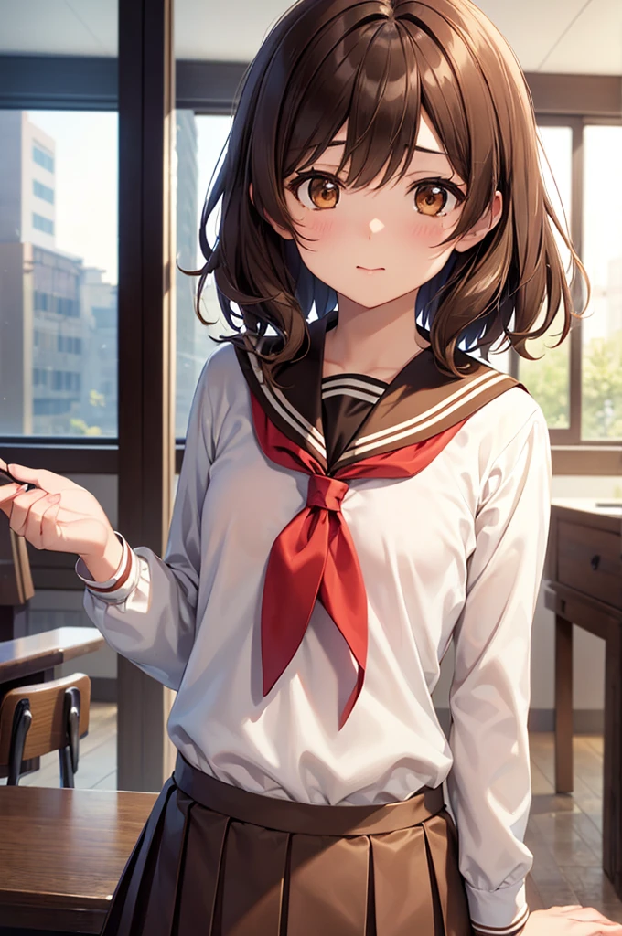 In the middle of nowhere, kumiko oumae, (Brown eyes:1.5), Brown Hair, short hair, Wavy Hair, (Flat Chest:1.2),
break brown shirt, brown skirt, kitauji high , Long sleeve, neckerchief, pleated skirt, red neckerchief, Sailor collar, , Seraphim, shirt, skirt, uniform, white Sailor collar,
break looking at viewer,
break indoors, classroom,
break (masterpiece:1.2), Highest quality, High resolution, unity 8k wallpaper, (figure:0.8), (Beautiful attention to detail:1.6), Highly detailed face, Perfect lighting, Highly detailed CG, (Perfect hands, Perfect Anatomy),nsfw