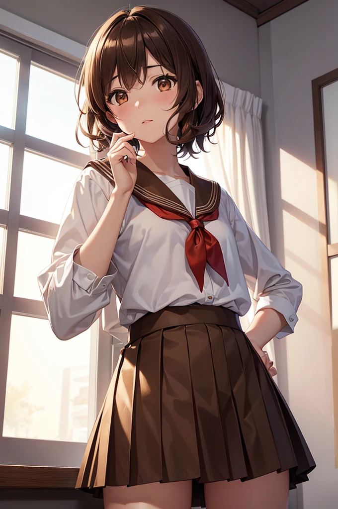 In the middle of nowhere, kumiko oumae, (Brown eyes:1.5), Brown Hair, short hair, Wavy Hair, (Flat Chest:1.2),
break brown shirt, brown skirt, kitauji high , Long sleeve, neckerchief, pleated skirt, red neckerchief, Sailor collar, , Seraphim, shirt, skirt, uniform, white Sailor collar,
break looking at viewer,
break indoors, classroom,
break (masterpiece:1.2), Highest quality, High resolution, unity 8k wallpaper, (figure:0.8), (Beautiful attention to detail:1.6), Highly detailed face, Perfect lighting, Highly detailed CG, (Perfect hands, Perfect Anatomy),nsfw