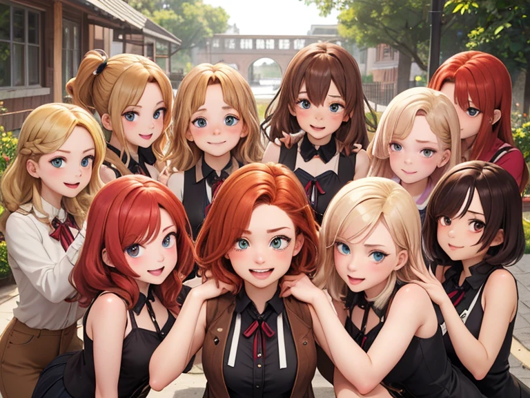 (Best quality, masterpiece), group photo of eight very different beautiful students, different emotions, Free poses, Different hair colors(among them there is always 1 redhead, 3 blondes, 2 brown-haired and 2 brunettes), Different hairstyles, different hair lengths, different eye colors, Different physiques, There's always one brunette Asian, graduation photo album, beautiful faces, upper body