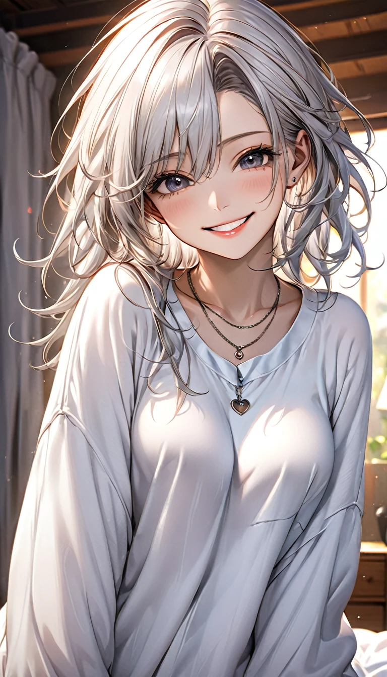 cute woman, amorous and lewd face, big cute smile, messy hair, great proportion, wearing loose white shirt and casual loungewear, necklace, (ultra detailed, absolutely resolution, best quality:1.3), 2.5D, delicate and dynamic, shading effects, hyper realistic, artistic photography, graphic CG digital art