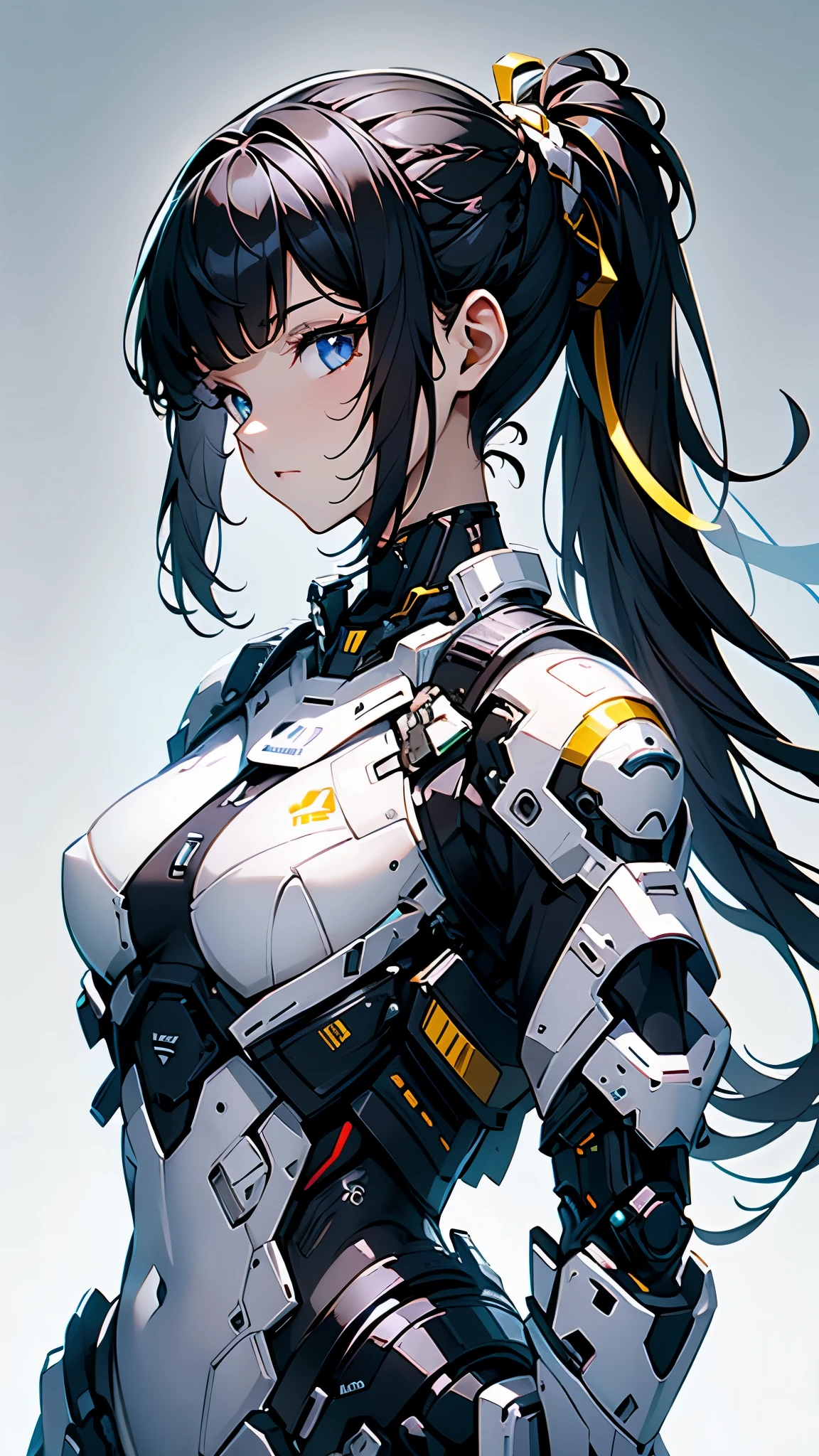 White solid color background、looking at the camera、masterpiece、Highest quality、Shiny body、Upper Body、Moderate bust、Big Ass、Android、Body line emphasis、Luminous suit、Black Hair、Braid