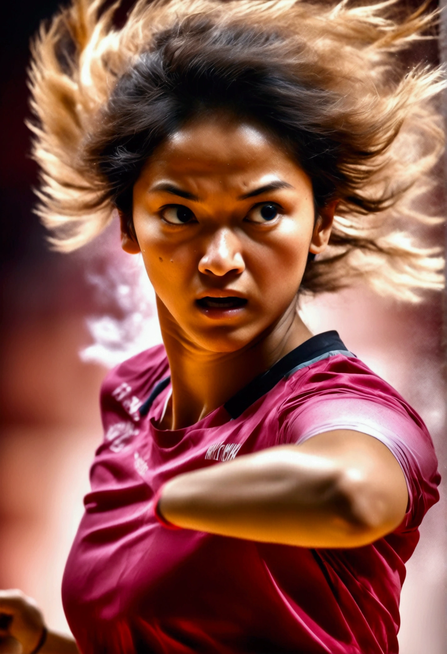 (Sports Photography), captures athlete focused expressions and sweat during badminton training. Warm colors create a warm atmosphere, full body, award-winning, cinematic still, emotional, vignette, dynamic, vivid, (masterpiece, best quality, photorealistic, Professional, perfect composition, very aesthetic, absurdres, ultra-detailed, intricate details:1.3)