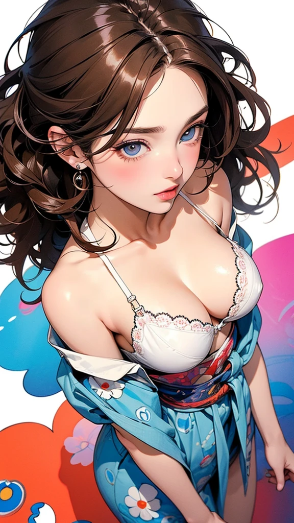 Takashi Murakami style, 8K quality, intense watercolor, detailed watercolor art, watercolor splash, surreal, avant-garde pop art, beautiful and expressive painting, beautiful artwork illustration, very colorful tones, amazing, cool beauty, best quality, official art, vector art, stylish design, ((most beautiful girl ever)), (((best quality))), HDR, ((details)), (((doodle art)), ((masterpiece)), ((super detailed)), ((delicate eyes, best eyes ever, beautiful eyes, big eyes))(brown hair, curly hair, shiny hair, beautiful hair), (beautifully shaped breasts), ((white bra and panties)), (((close up of face, from waist up, angle from above)))