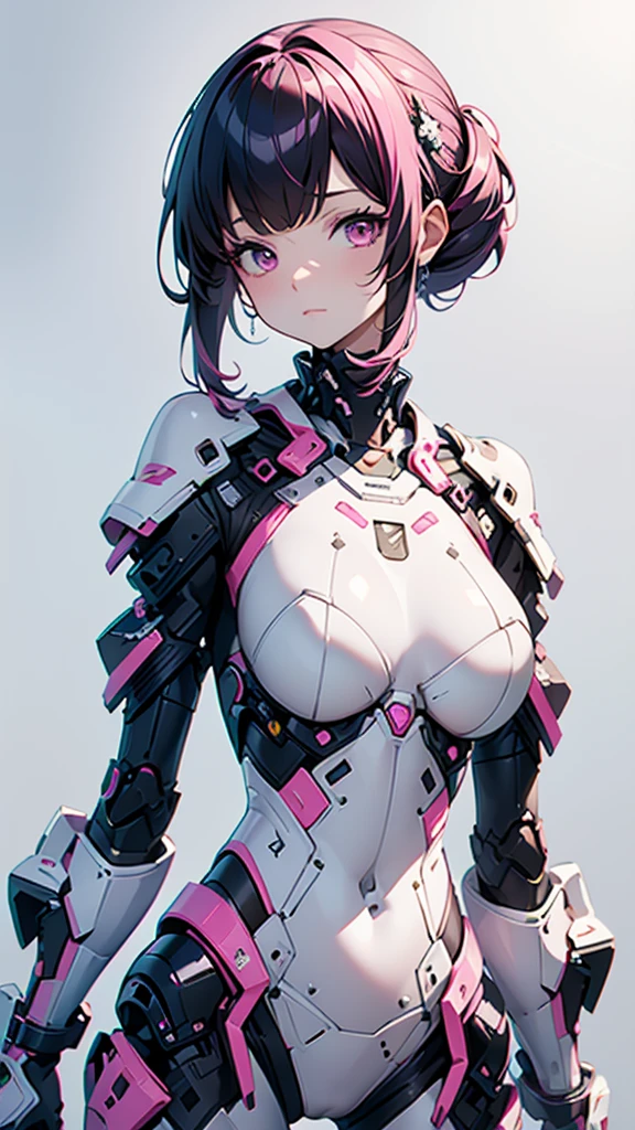 White solid color background、looking at the camera、masterpiece、Highest quality、Shiny body、Upper Body、Moderate bust、Big Ass、Android、Body line emphasis、Pink Suit、Black Hair、Hime cut