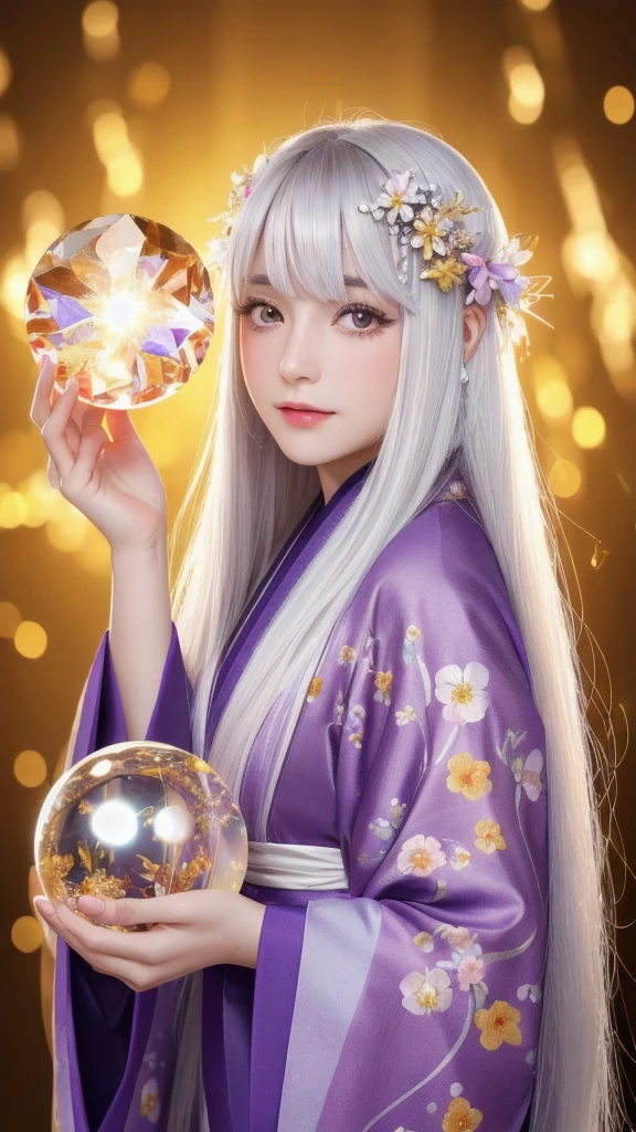 (Masterpiece: 1.3), (8k, photorealistic, raw photo, highest quality: 1.4), (single woman), beautiful face, (realistic face), (long hair), (silver hair, almost white hair, shiny hair, beautiful straight hair), (even bangs), (sharp bangs), straight hairstyle, realistic eyes, beautiful detailed eyes (purple eyes), (sharp eyes), (realistic skin), beautiful skin, (kimono), (magician's kimono), (flower hair ornament), attractive, ultra high resolution, ultra realistic, high definition, golden ratio, colorful background, (flowers blooming), (energy dancing background, flashy background, so many hearts background), magician, looking forward, looking straight ahead, looking forward, eyes meeting, looking straight ahead, looking at you, holding a crystal ball, (heart crystal ball, love crystal ball). Anatomically correct, highest quality, accurate, high resolution, looking forward,