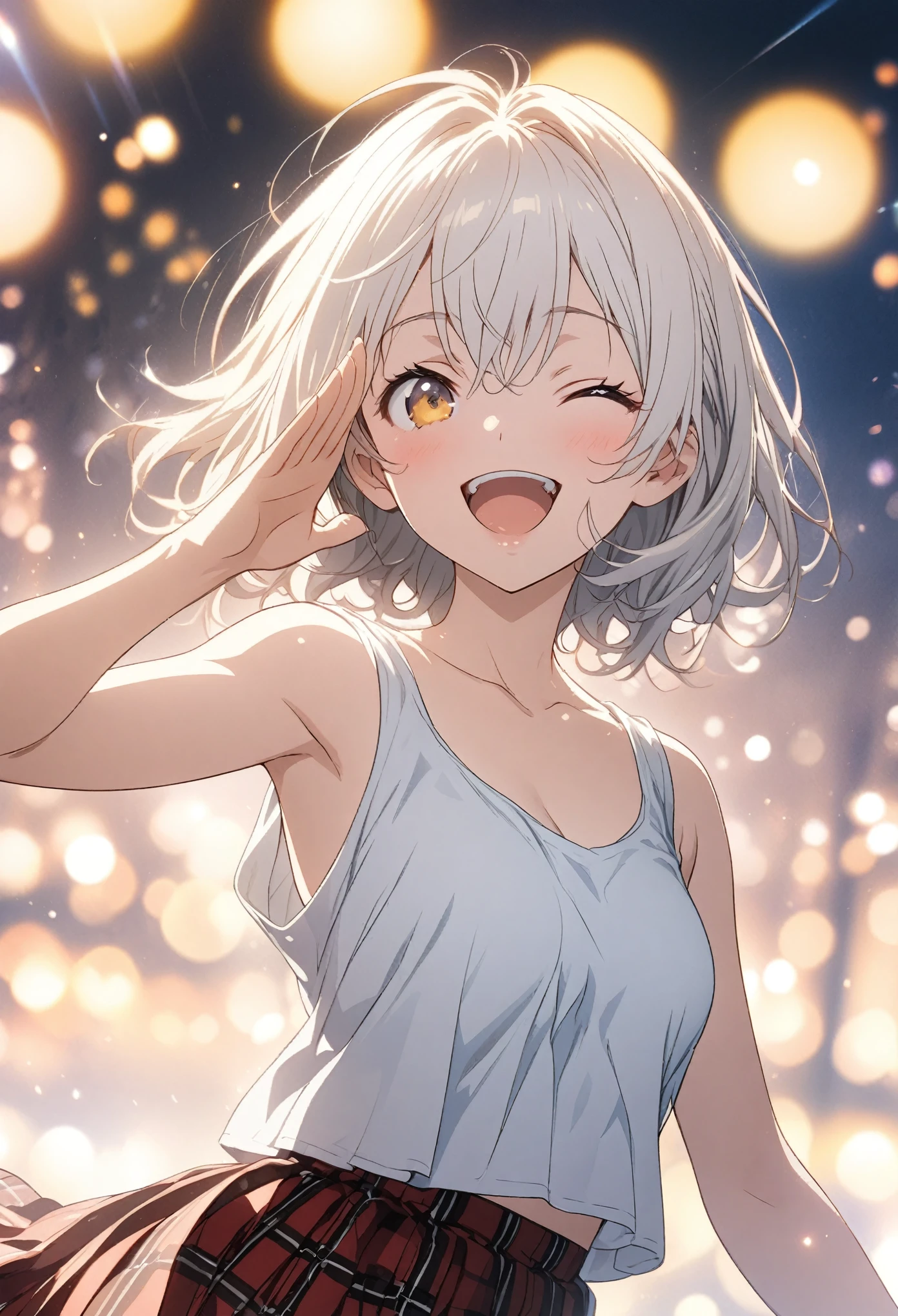 2 Girl, masterpiece, Highest quality, Highly detailed CG Unity 8k wallpaper, High School Girl Anime Illustration. Wear an oversized tank top, She is wearing a red and black checked skirt., Salute pose, she has her eyes closed and mouth open, smile. The background is a light pastel colored landscape..., white hair color, Yellow Eyes, Bokeh, (Soft Focus):1.2, Out of focus highlights, Dreamy atmosphere, Glowing circle, Fascinating Depth, The background is a realistic landscape