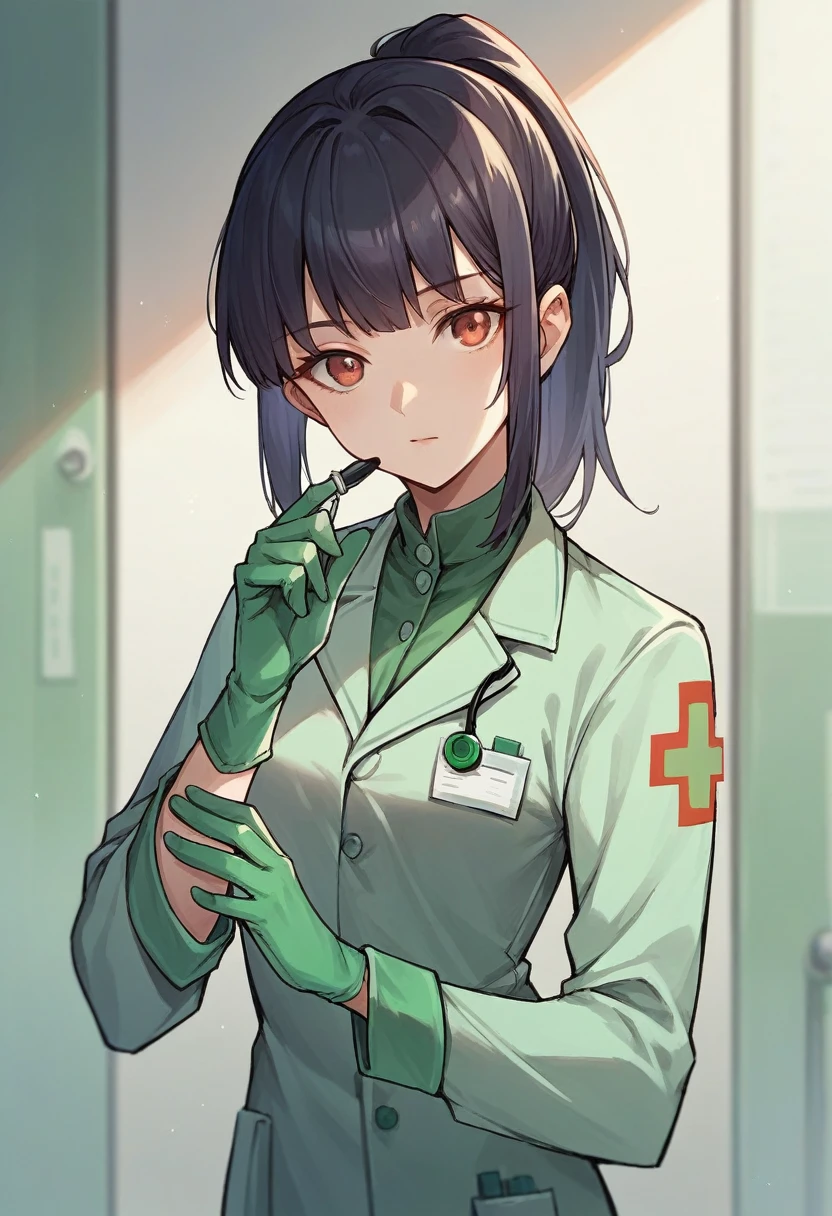 1girl, bangs, ponytail, ((green medical gloves)), ((((long sleeves)))), looking at viewer, ((green doctor outfit)), standing, solo
