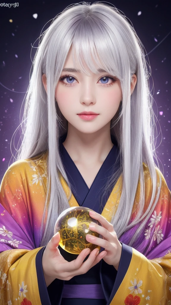 (Masterpiece: 1.3), (8k, photorealistic, raw photo, highest quality: 1.4), (single woman), beautiful face, (realistic face), (long hair), (silver hair, almost white hair, shiny hair, beautiful straight hair), (even bangs), (sharp bangs), straight hairstyle, realistic eyes, beautiful detailed eyes (purple eyes), (sharp eyes), (realistic skin), beautiful skin, (kimono), (magician's kimono), (flower hair ornament), attractive, ultra high resolution, ultra realistic, high definition, golden ratio, colorful background, (flowers blooming), (energy dancing background, flashy background, so many hearts background), magician, looking forward, looking straight ahead, looking forward, eyes meeting, looking straight ahead, looking at you, holding a crystal ball, (heart crystal ball, love crystal ball). Anatomically correct, highest quality, accurate, high resolution, looking forward,