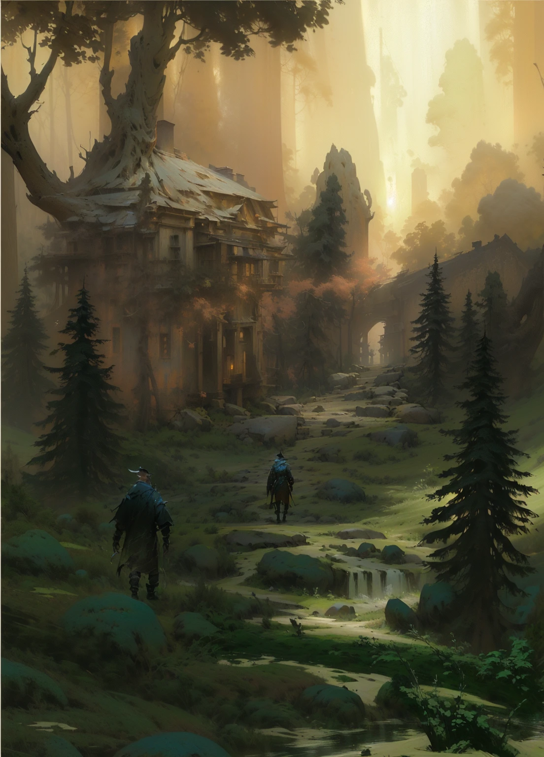 Oil painting of a man and a woman walking in the forest, painted as a game concept艺术, fantasy concept, concept艺术 for a video game, Environmental Concept, published concept艺术, Inspired by Andreas Rocha, environment concept艺术, High fantasy illustration, painterly concept艺术, concept艺术. Epic Landscapes, Detailed matte fantasy painting, concept, concept作品
