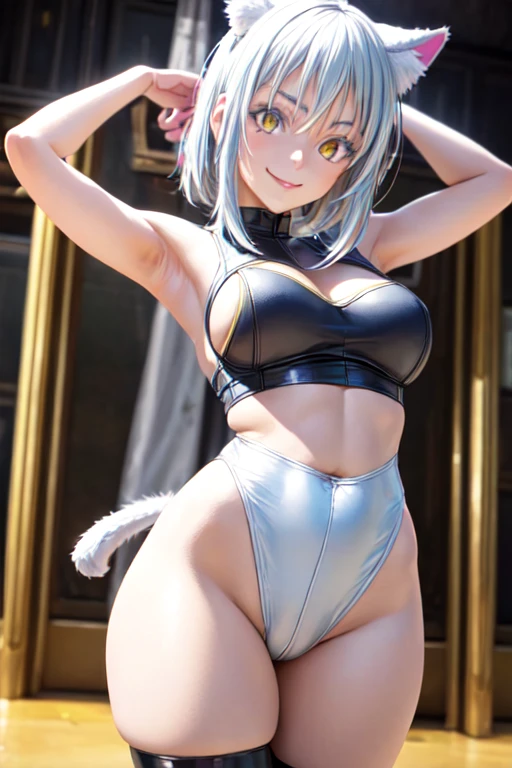 (best quality,4k,8k,highres,masterpiece:1.2),ultra-detailed,(realistic,photorealistic,photo-realistic:1.37),detailed portrait of a white-haired anime girl with cat ears and cat tail, DD cup breasts, thick thighs, crazy love eyes, glowing red eyes, smirking expression, wearing a latex short crop top and latex skirt, thigh high stockings, arms open, close up of upper half body