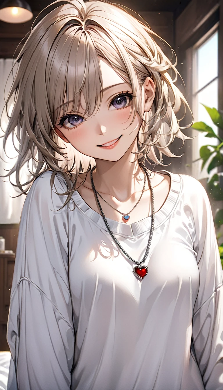 cute woman, amorous and lewd face, big cute smile, messy hair, great proportion, wearing loose white shirt and casual loungewear, necklace, (ultra detailed, absolutely resolution, best quality:1.3), 2.5D, delicate and dynamic, shading effects, hyper realistic, artistic photography, graphic CG digital art