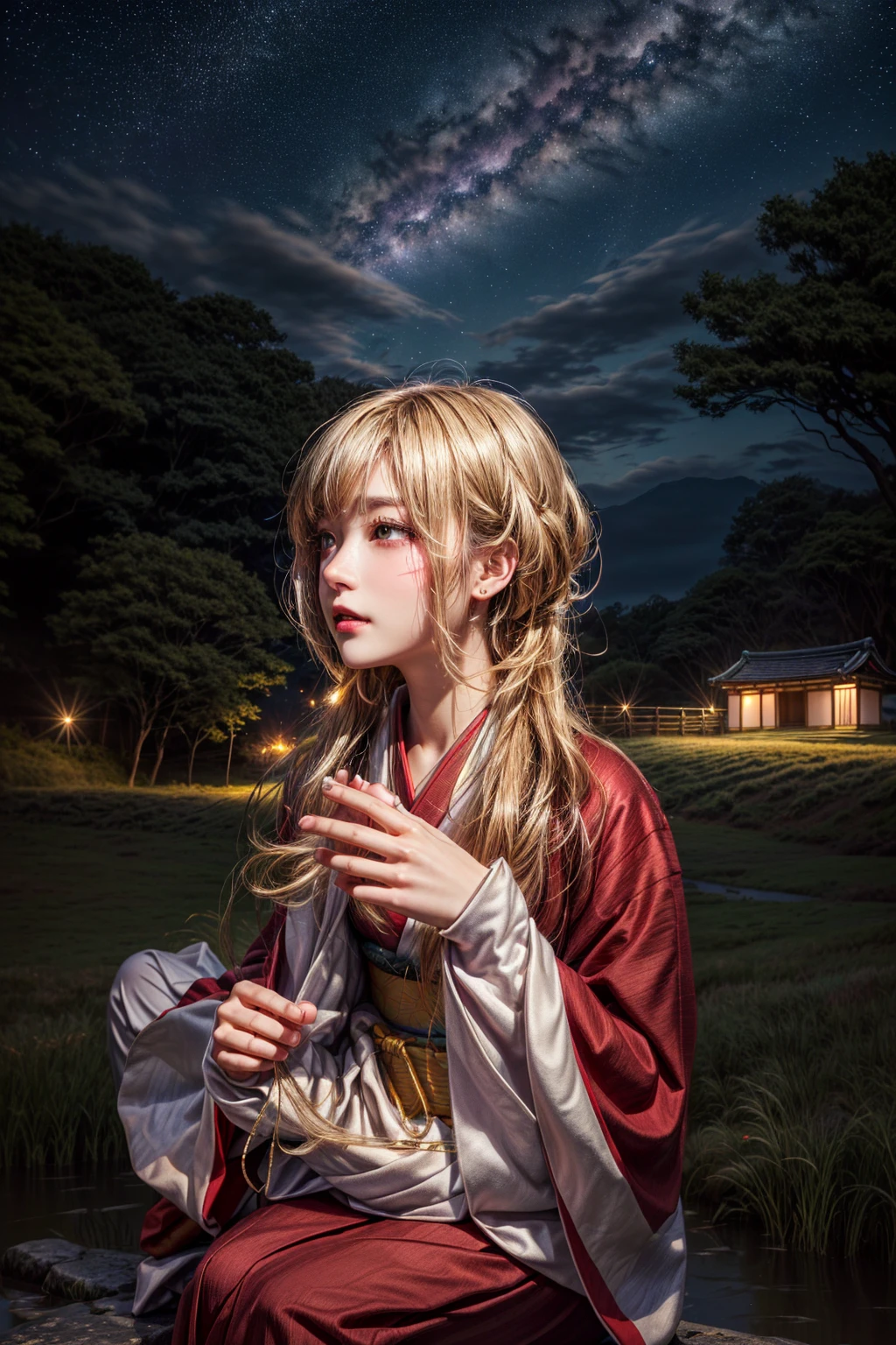 Photo of woman in a red kimono, girl sitting on the stone bridge, behind the girl is the field at night, the sky is the Milky Way, beautiful sparkling image, there are many fairy lights in the field